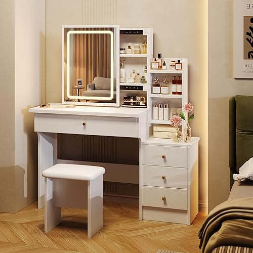 Miniatura 9 de Escritorio de tocador con espejo y luces, tocador de maquillaje con 3 modos de iluminación ajustables, pequeño escritorio de tocador con espejo