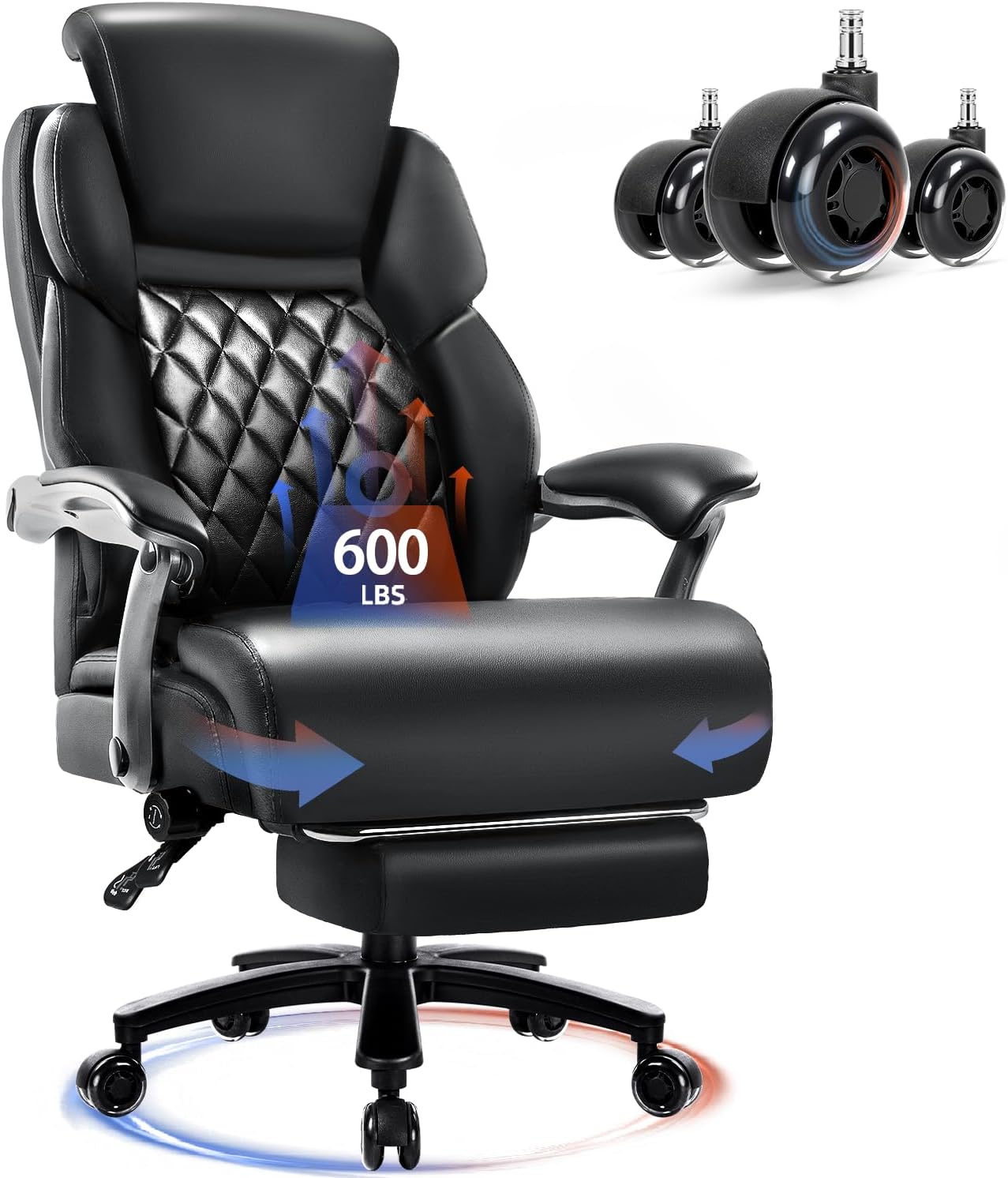 VITESSE 600lbs Big and Tall Office Chair with Foot Rest and Lifting Headrest,Large Heavy Duty Chair with Adjustable Lumber Support,Executive Office Chair,Leather Chair for Heavy People (Black)