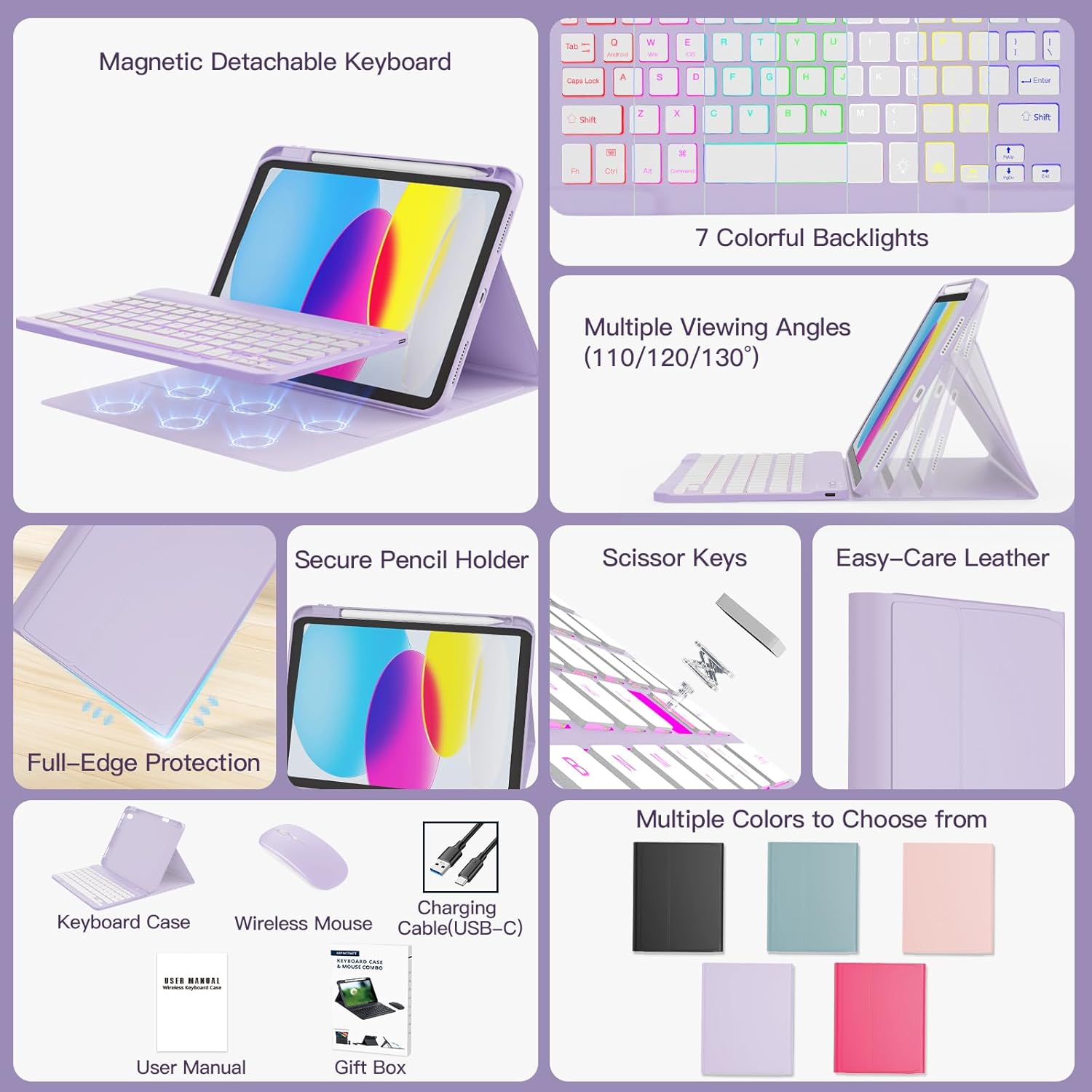 RAYMCRAFT for iPad 11th (A16, 2025) / 10th Generation Case with Keyboard, Mouse and Detachable Wireless Keyboard, 7-Color Backlight, Slim Case with Pencil Holder, Light Purple