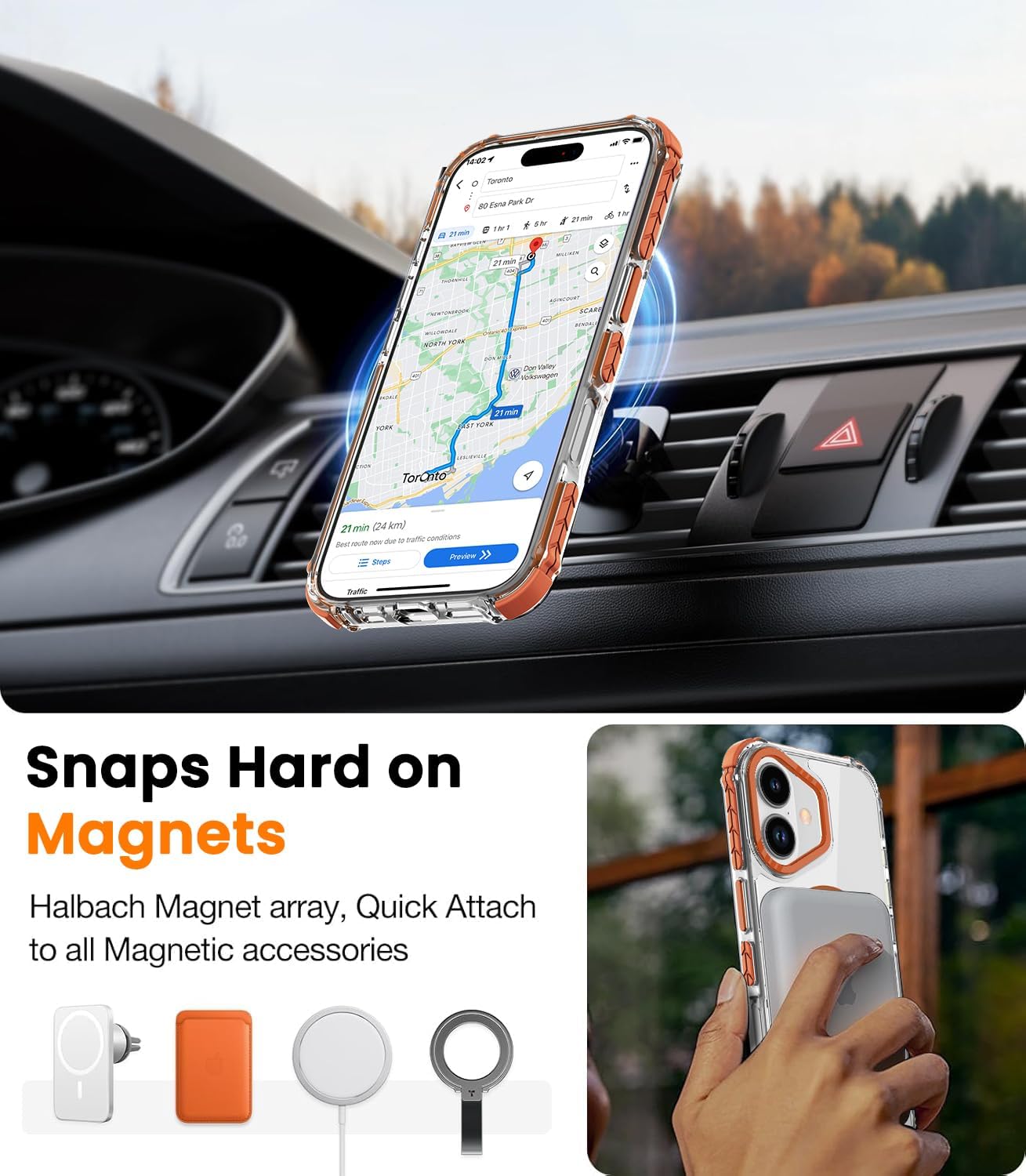 DEERLAMN Strong Magnetic Case for iPhone 17 6.3-Inch,[Compatible with Magsafe][Military Grade Drop Protection] Clear Slim Shockproof Protective Phone Cover-Transparent+Orange - Image 5