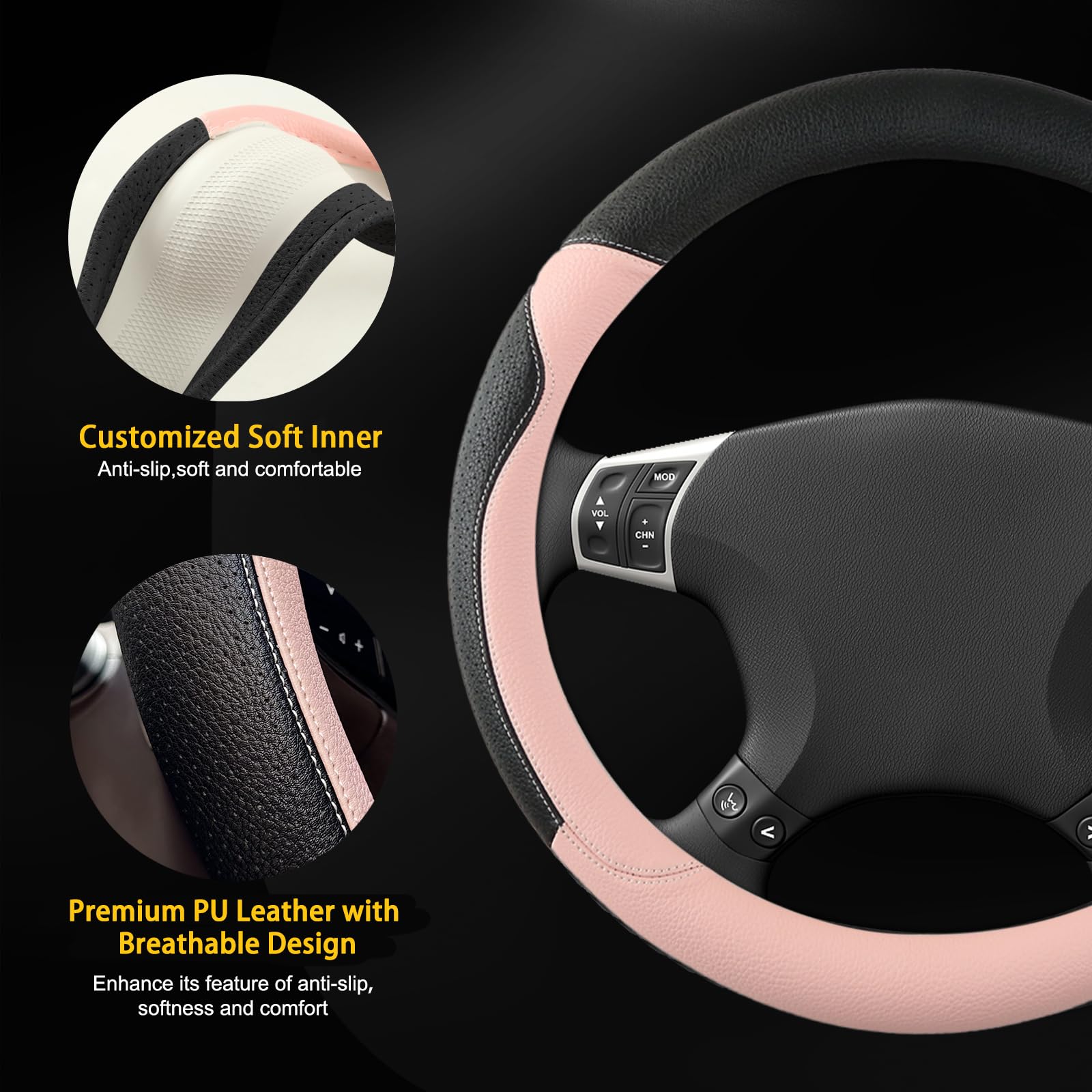 Pink Luxury PU Leather Steering Wheel Cover for Women Girl, with Upgraded Silicone Inner Ring, Anti-Slip, Odourless Car Interior, Universal 14.5-15 Inch, Cute Cat Ear Design (PU Leather)
