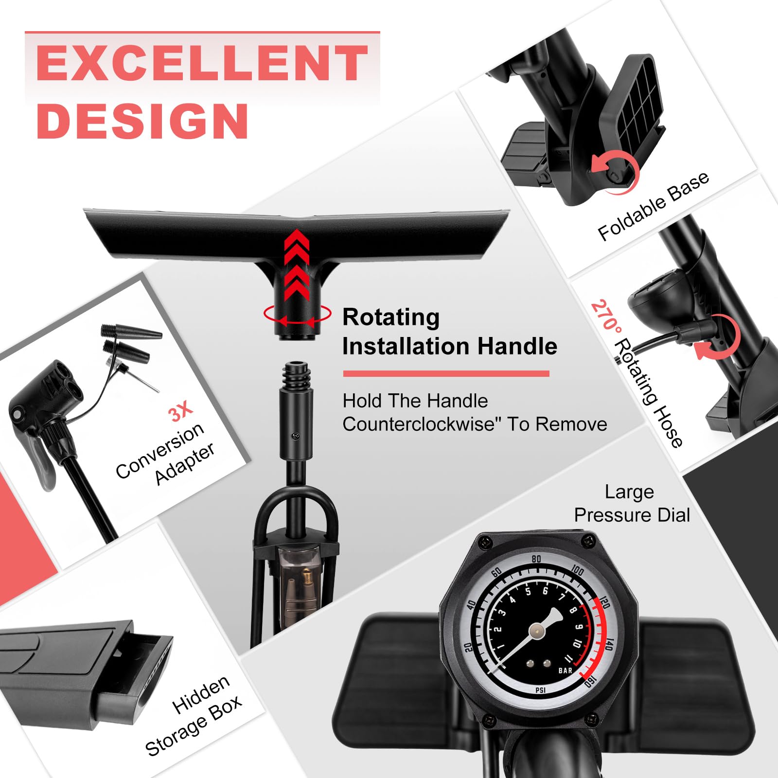 Hycline Bike Floor Pump with Gauge: Full Size 43inch 160 PSI High Pressure Bicycle Pumps - Durable Air Pump Fits Presta & Schrader Valve - Inflator for Road MTB Tire, Ball, Balloon, Inflatables