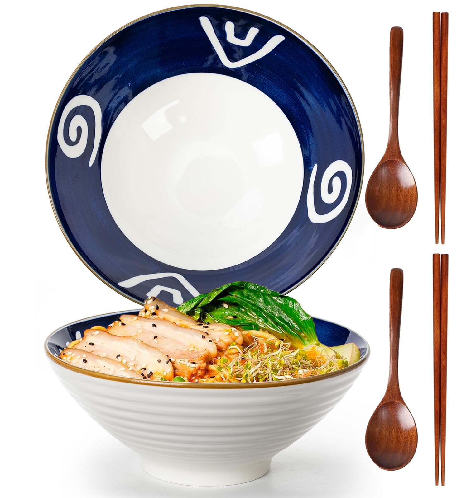 Zestaw 2 ceramicznych miseczek do makaronu, 1200ml, z pałeczkiem i łyżeczką (stylu 7)