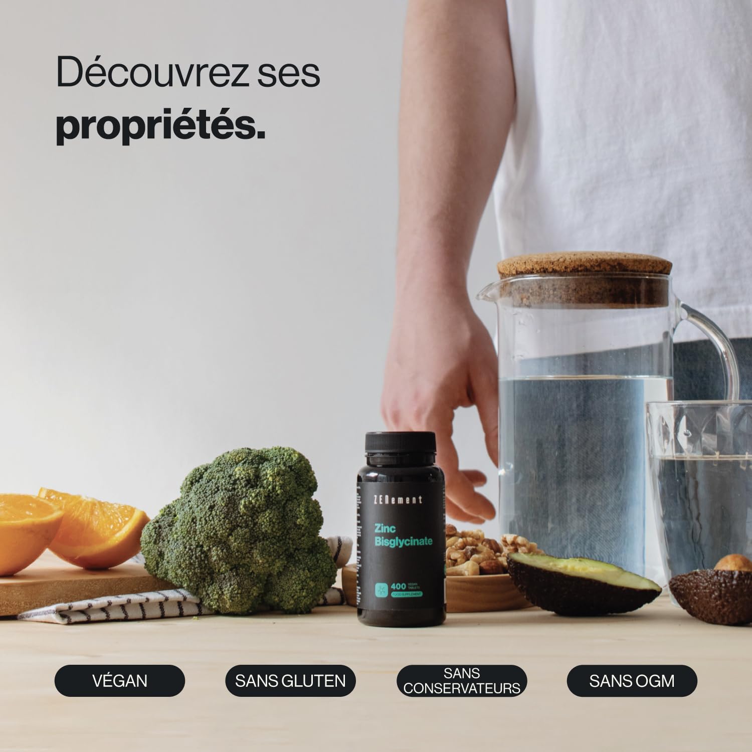 Zinc Bisglycinate, 400 Comprimés Véganes | Peau, Cheveux, Ongles, Immunité, Fatigue | Hautement Biodisponible, Sans Désagrément Digestif | 1 Comprimé Tous Les 2 Jours, Soit 12,5mg de Zinc | Zenement