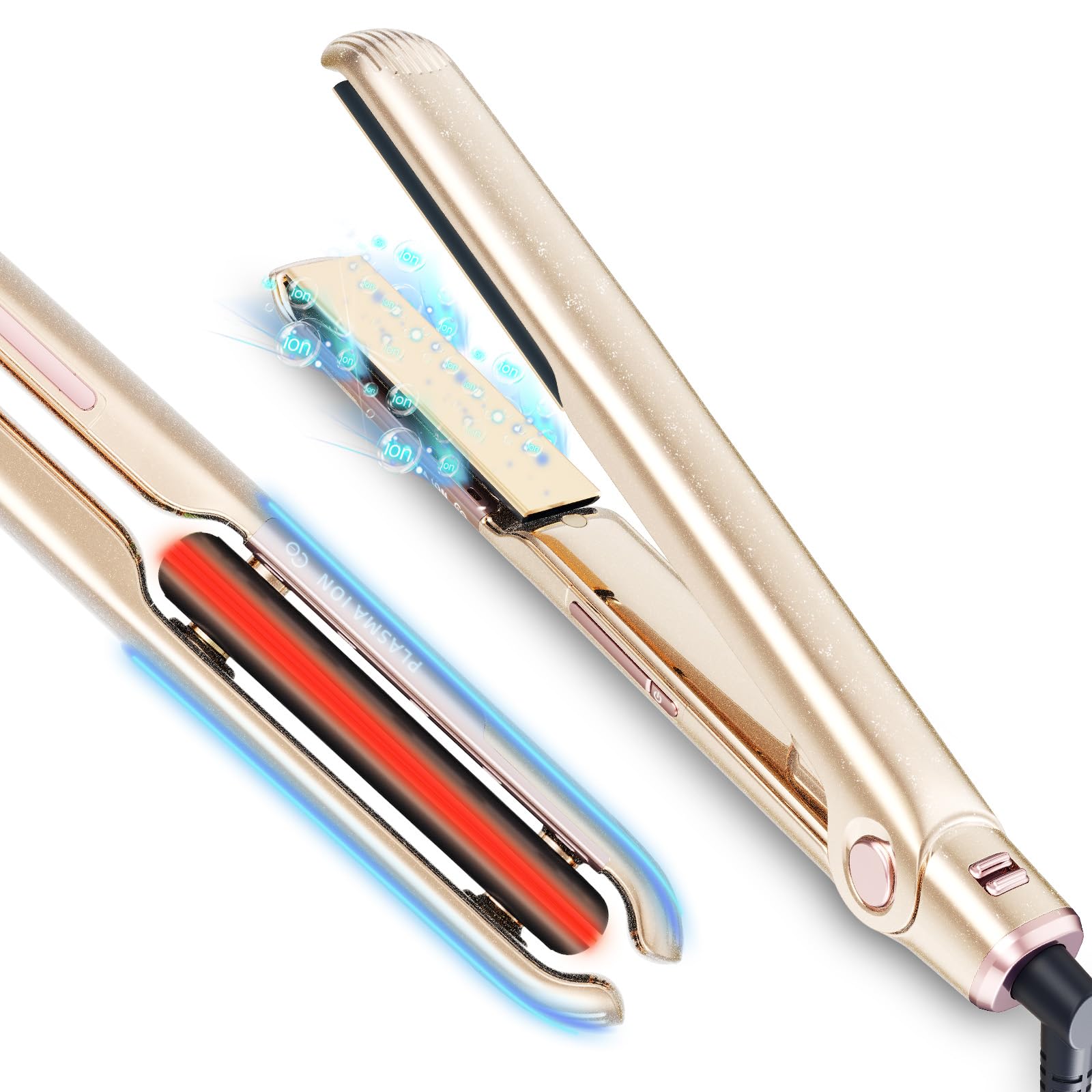 RUCHA 1 Inch Flat Iron Hair Straightener, 30S Fast Heating Ceramic Hair Straighteners for Women, Plasma Ions Hair Straightener and Curler Get Frizz-Free, Mini Hair Straighteners for Travel, Gold Champagne Gold