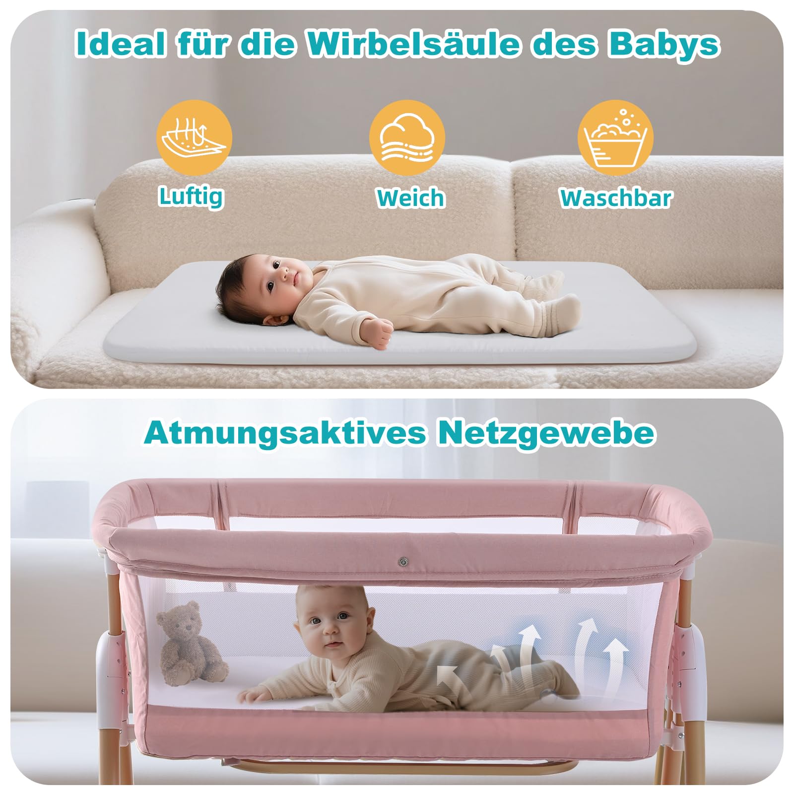 Beistellbett Baby 3 in 1 Tragbar Reisebett mit Matratze Höhenverstellbar Verstellbare Höhe & Neigung 6 abschließbare Räder Baby Co-Sleeper für Neugeborene Kleinkind Rosa