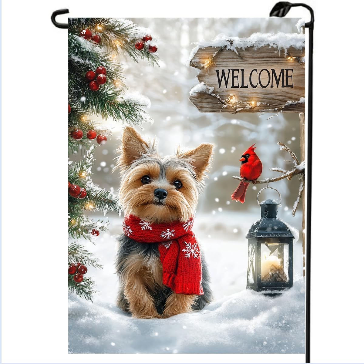 Winter Yorkie Garden Flags 12x18 Double Sided, Small Burlap Holiday Snow Cardinal Dog Garden Flag Winter Christmas Outdoor Yard Decorations Porch Lawn Flags for Outside