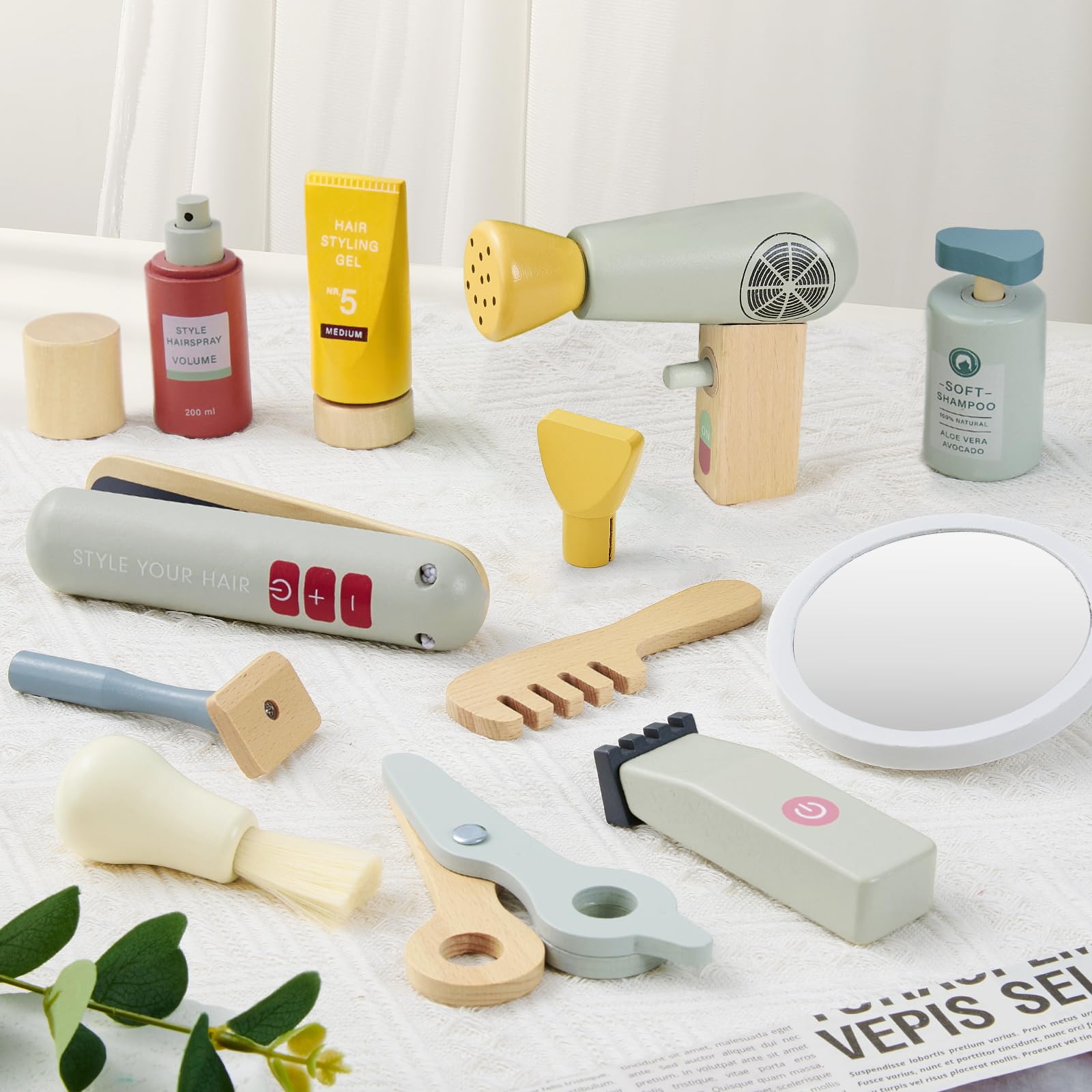 Atoylink Set Coiffure Enfant en Bois avec Accessoires de Coiffure et de Rasage pour Garons 3-8 Ans