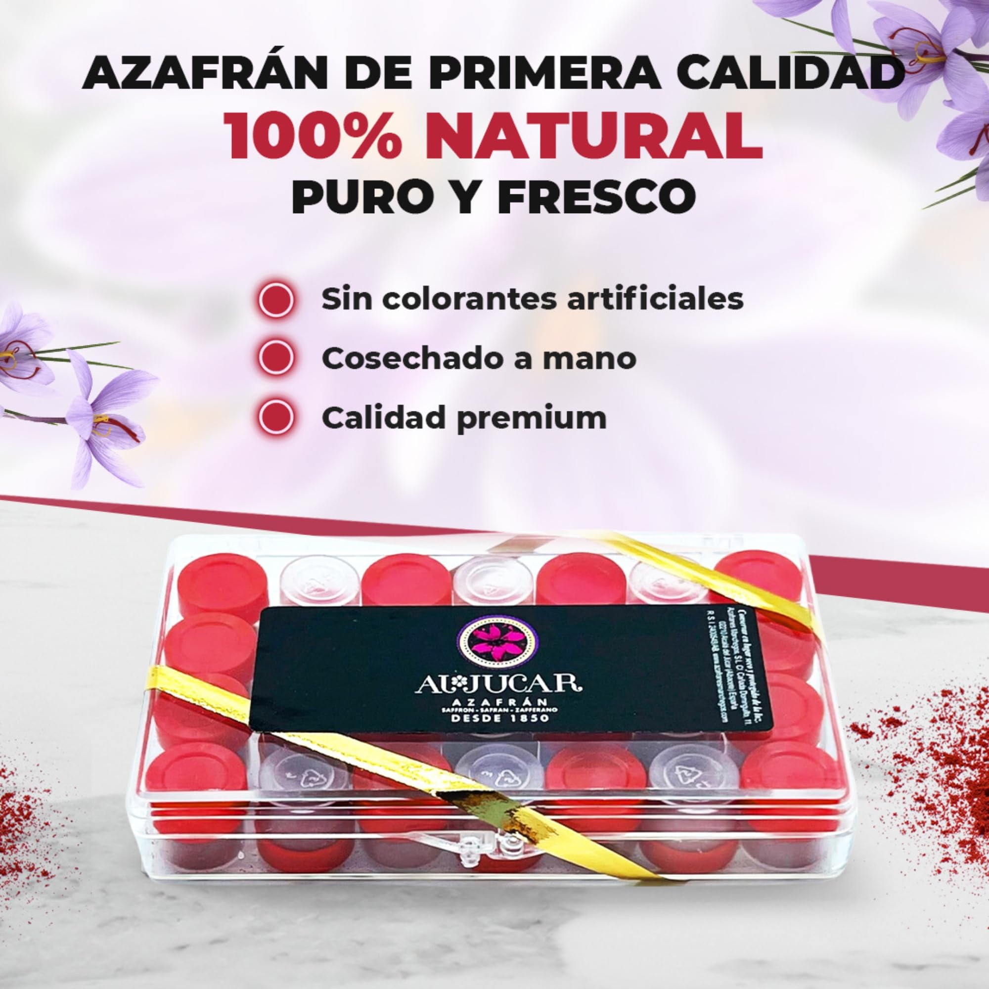 Azafrán molido selecto - Especia natural para paellas - Sin colorantes artificiales - Azafrán Español puro en cápsulas en polvo, caja con 28 monodosis de 0,250 g (7 g).