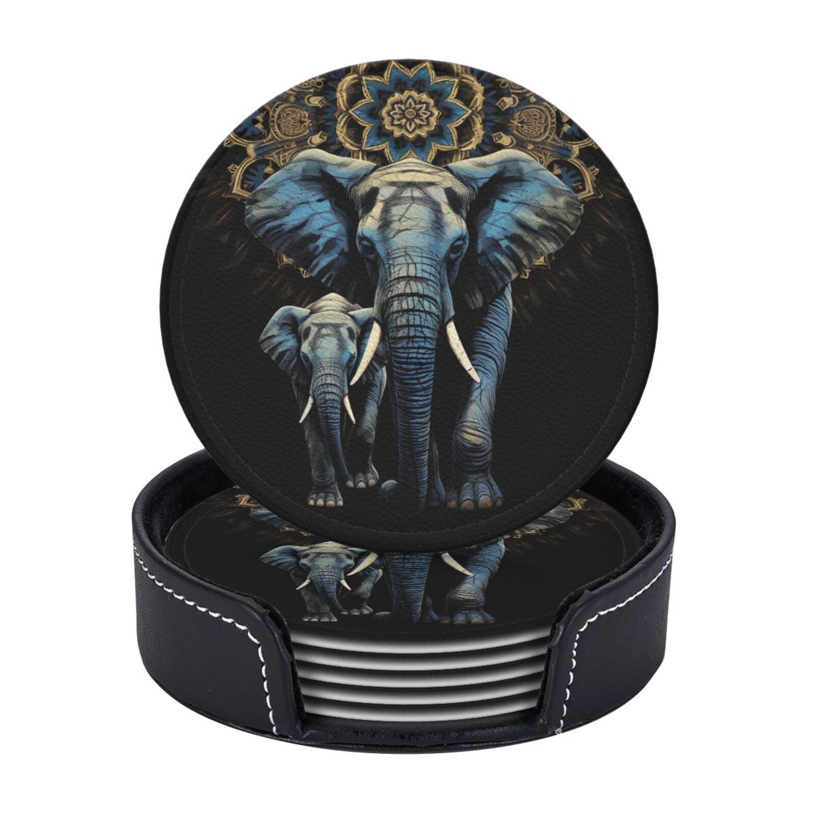 Ppthsnvb White 6Pcs Drink Coasters With Holder Cup Coaster Two Elephants Round Cup Mat Pad 3.9" Leather Coaster For Drinks Waterproof Bar Beer Beverage Coasters Set For Kinds Of Cups