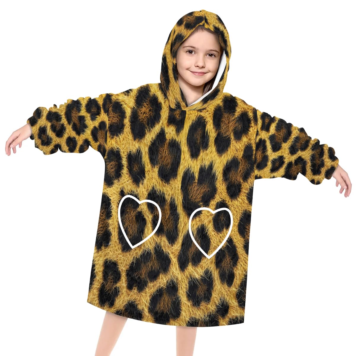 Pardick Wearable Blanket Hoodie for Kids, Leather Leopard Print Fleece Sweatshirt Blanket Oversized Blanket Sweatshirt with Pocket Flannel Warm Hooded Blanket 6-10 Year Old Girl Boy Gift, One Size