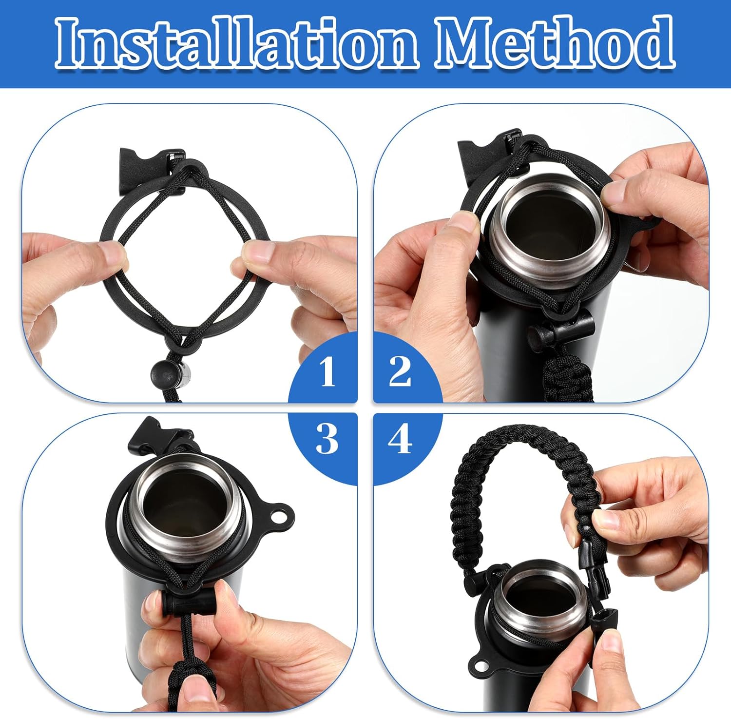 2 Pcs Water Bottle Handle Strap Black Adjustable Paracord Handle Strap Cord Paracord Handles Fits Wide Mouth Bottles 12oz to 64oz Durable Water Bottle Cap Straps with Safety Buckle