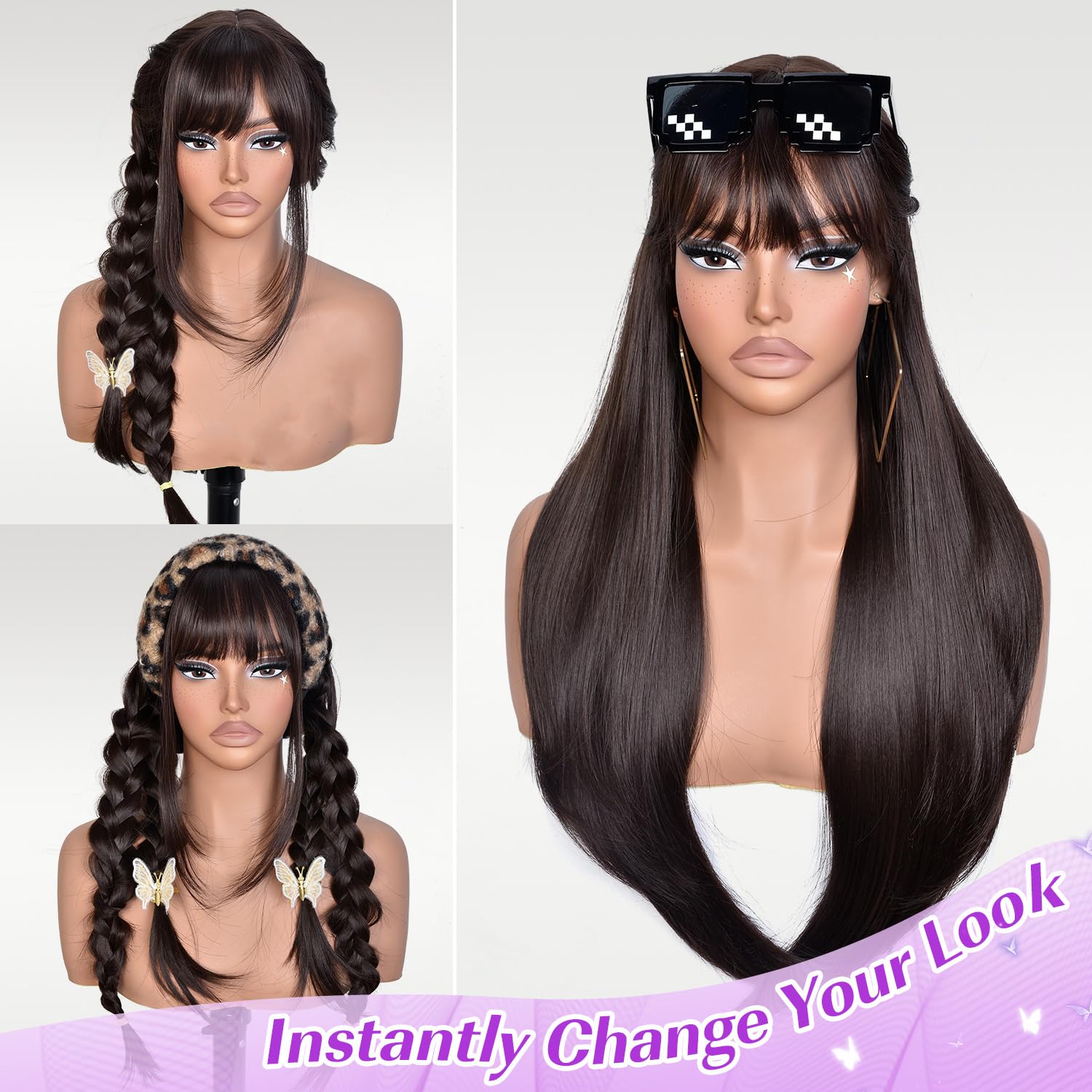 Wig with Bangs Long Layered Straight Wigs for Women, Realistic Scalp, Free Parting, Heat Resistant Synthetic Wig for Daily Party Use(Brown, 26 Inch)