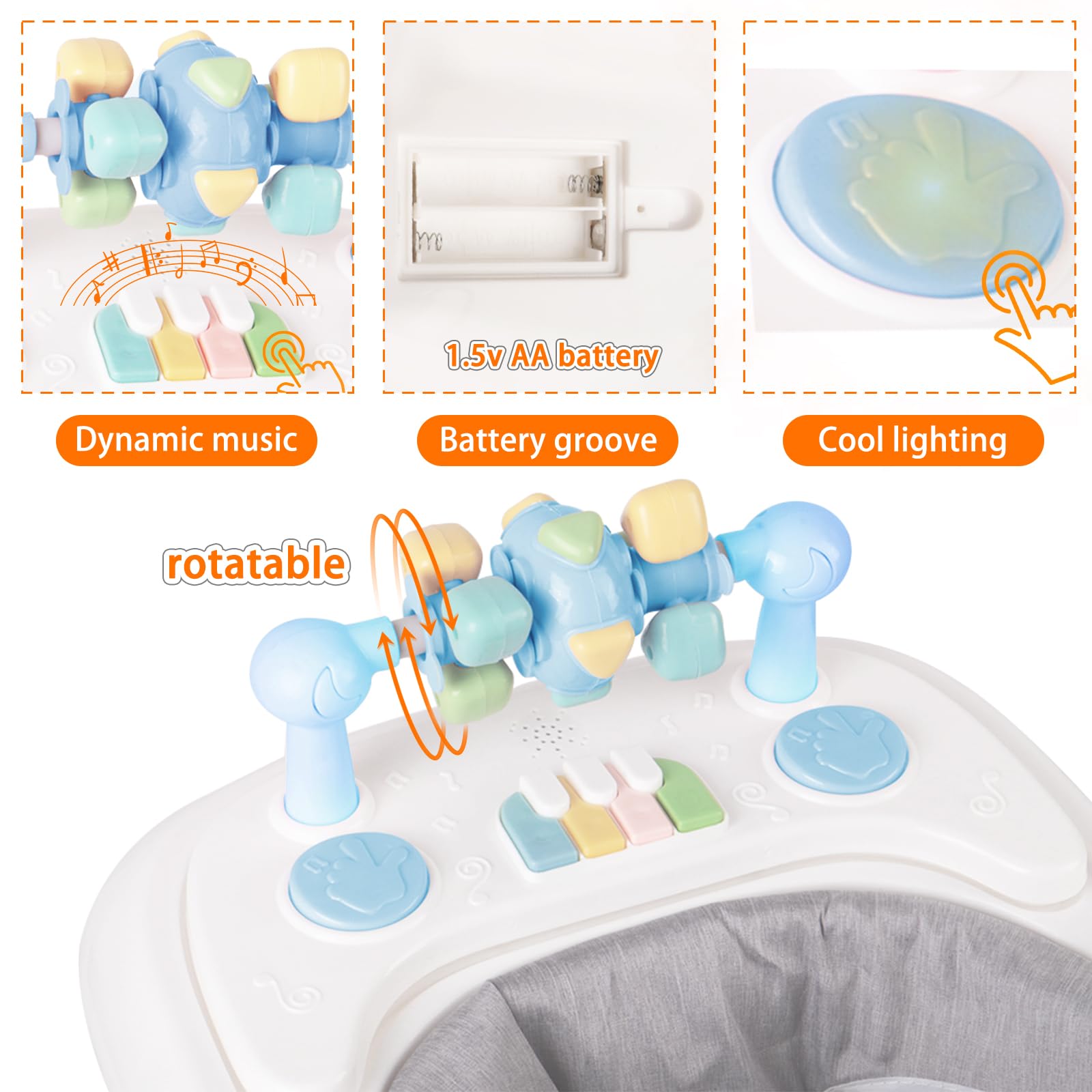OHMG 4-en-1 Trotteur Bébé avec plateau multi-activités interactive avec musique amovible, Trotteur bébé réglable en hauteur et facilement pliable,jusqu'à 12 kg