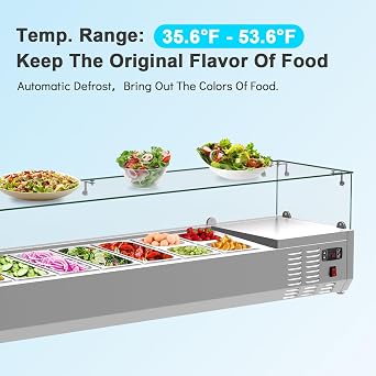 48'' Countertop Refrigerated Condiment Station with Auto Defrost, Digital Controller, and LED Display Sandwich Prep Table with 3 x 1/3 Pans and 2 x 1/6 Pans, Glass Lid for Restaurant and Food Truck