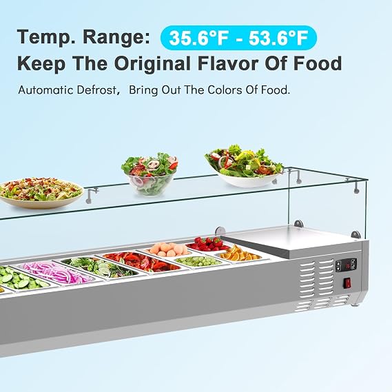 48'' Countertop Refrigerated Condiment Station with Auto Defrost, Digital Controller, and LED Display Sandwich Prep Table with 3 x 1/3 Pans and 2 x 1/6 Pans, Glass Lid for Restaurant and Food Truck