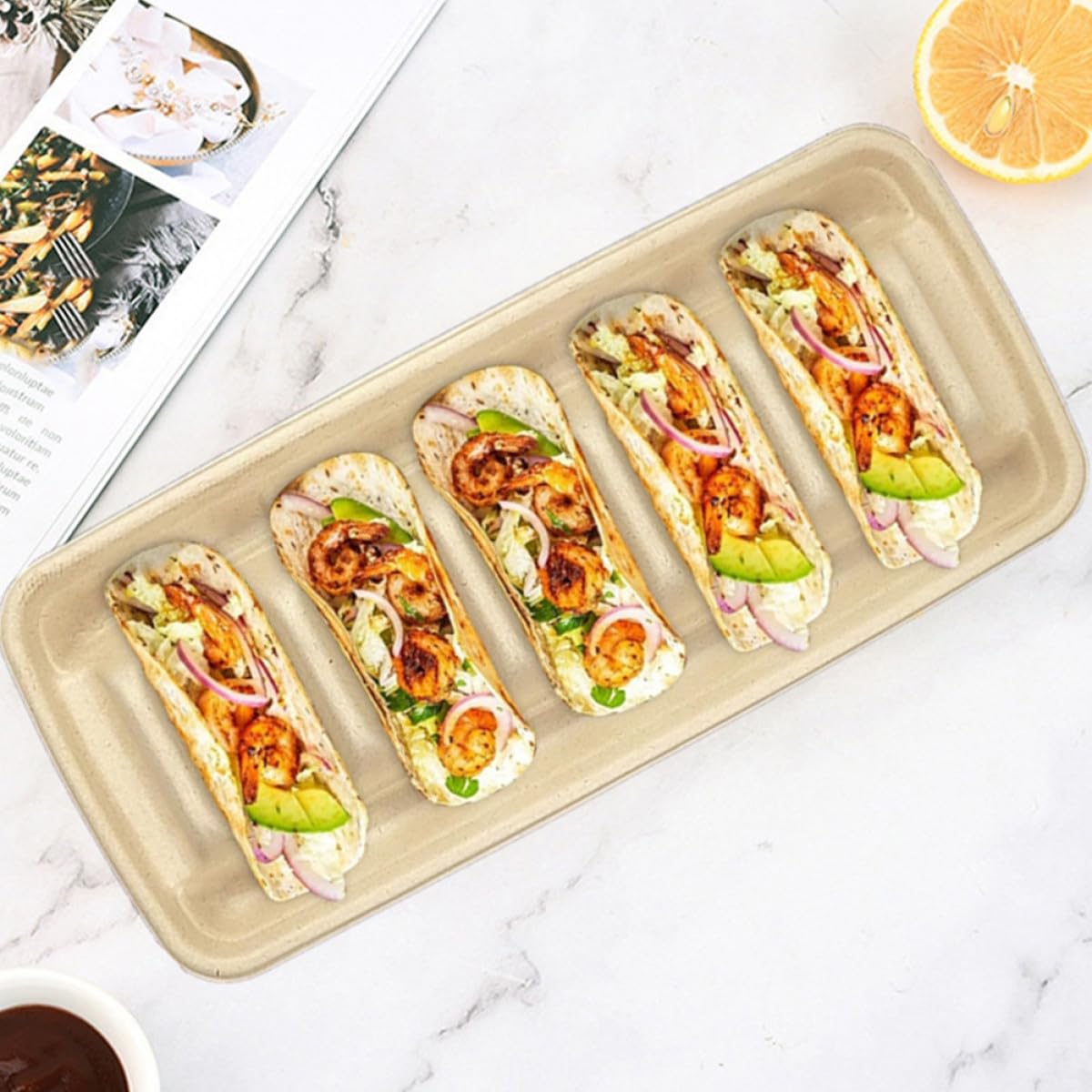 Uonlytech Porta Tacos Desechables de Papel Beige, Soporte Multipropósito y Portátil para Burritos y Comidas al Aire Libre, Paquete de 25 Piezas