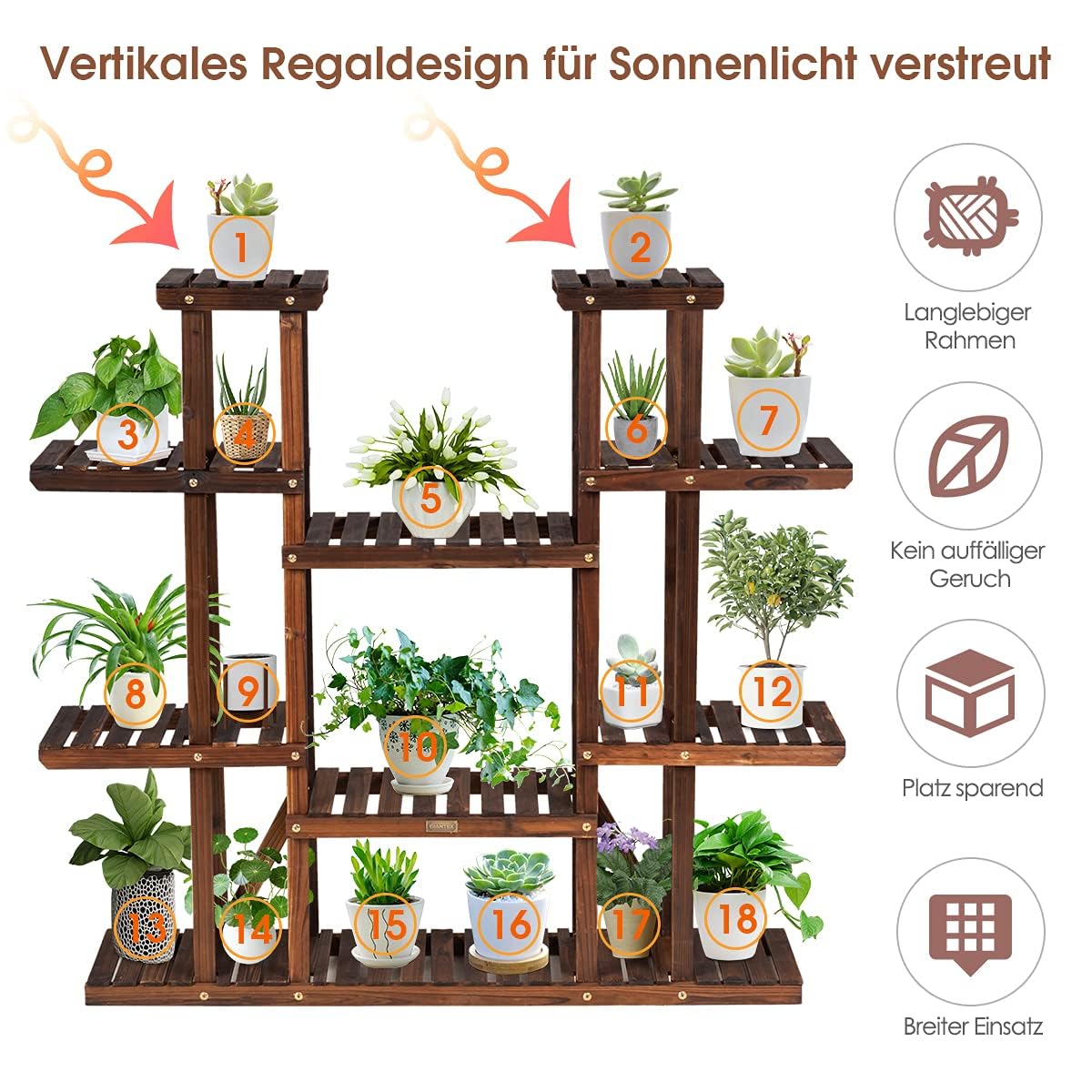 COSTWAY Pflanzenregal Blumenregal, Blumenständer Holz, Blumentreppe Garten, Pflanzentreppe mehrstöckig, Holzregal (9 Etagen / 125x25x114cm)