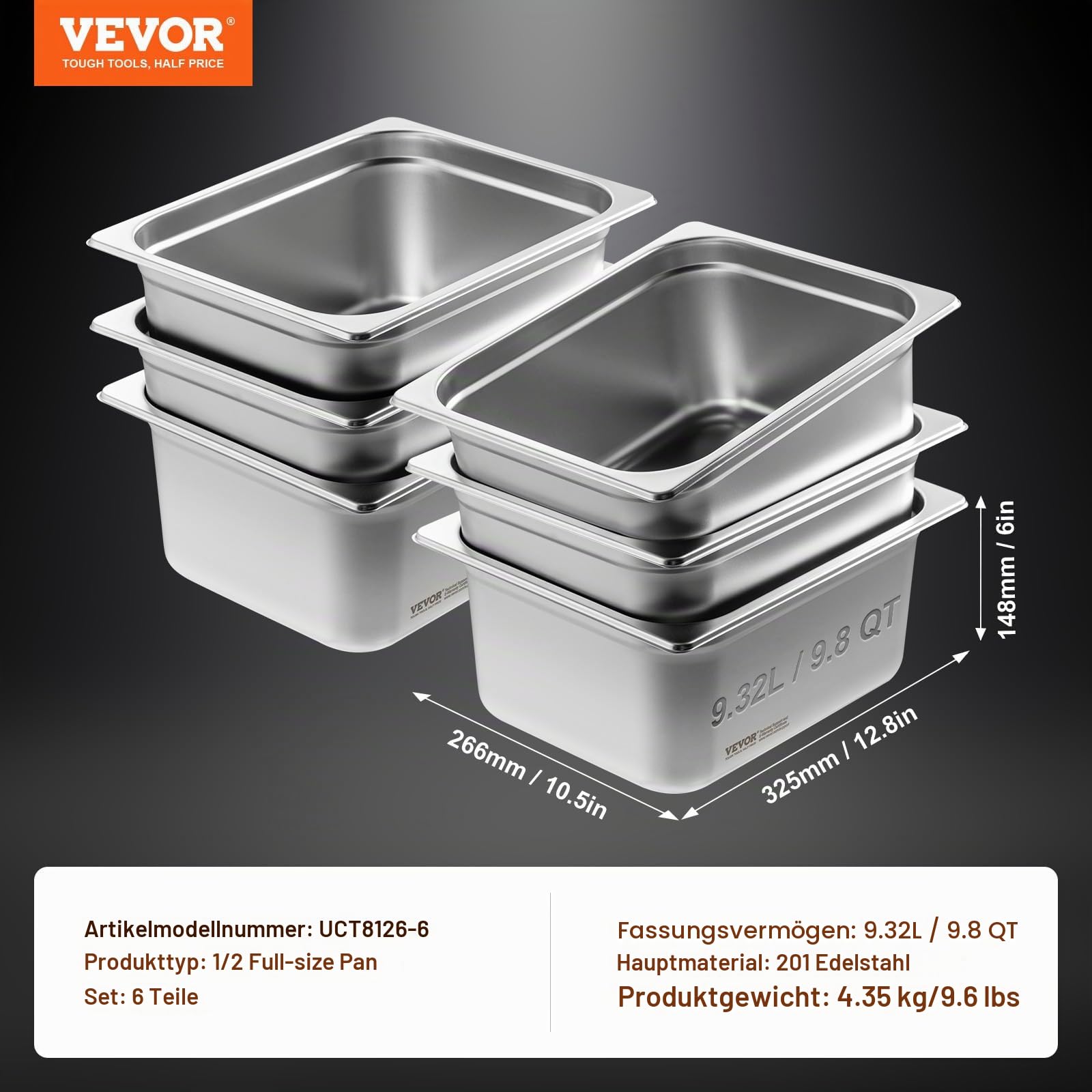 VEVOR GN 1/2 Gastronormbehälter, Edelstahl Behälter 6 Stk. 325 x 266 x 148 mm Speisebehälter, kommerzieller Dampfpfanne Warmhaltebehälter, Hotelpfanne Tisch Food Pan Buffet