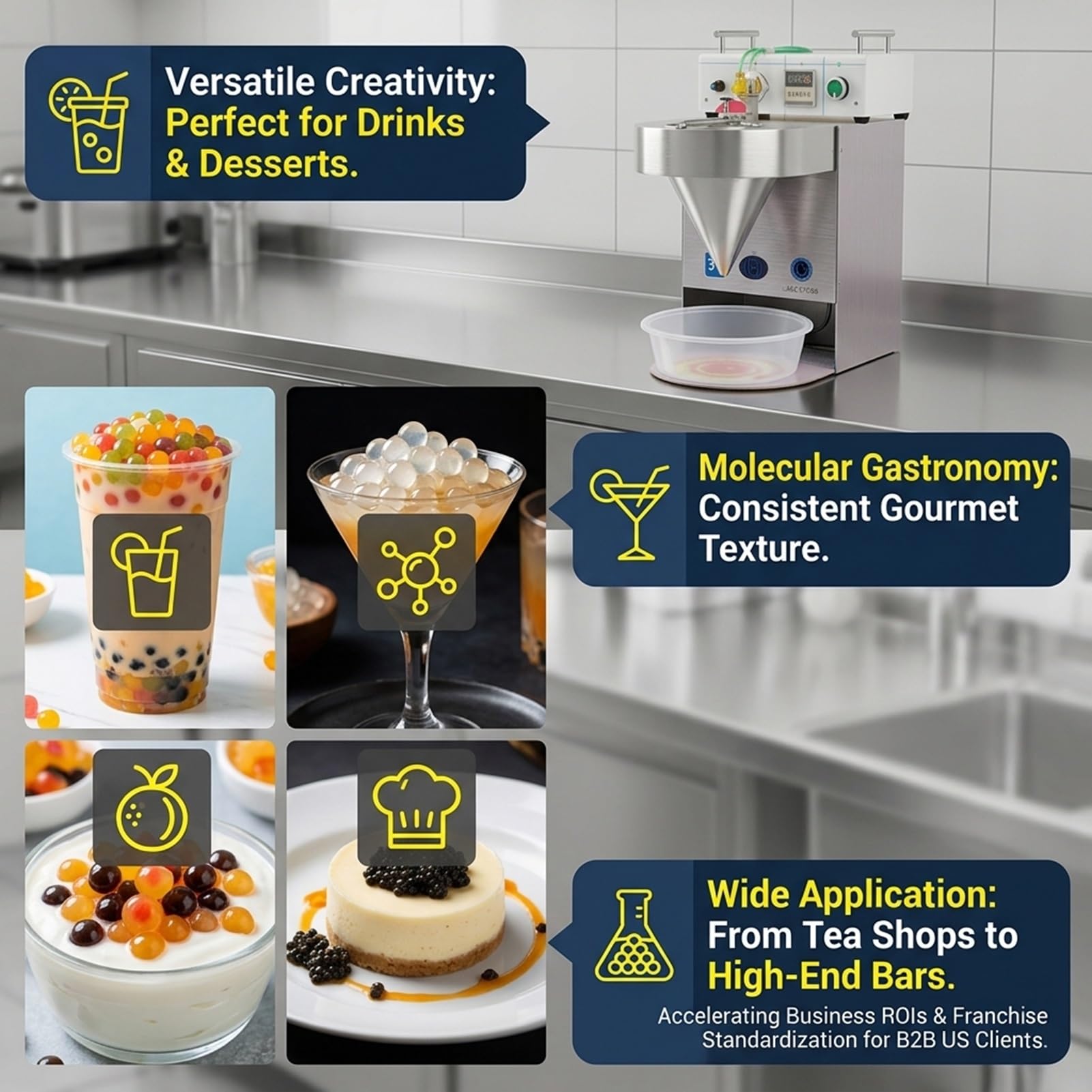 Produttore di Perle di Frutta Esplosive,Controllo Dimensione Uniforme,Formatrice di Sfere di Succo Elettrica,Macchina per Popping Boba Automatica per Dessert e Bibite