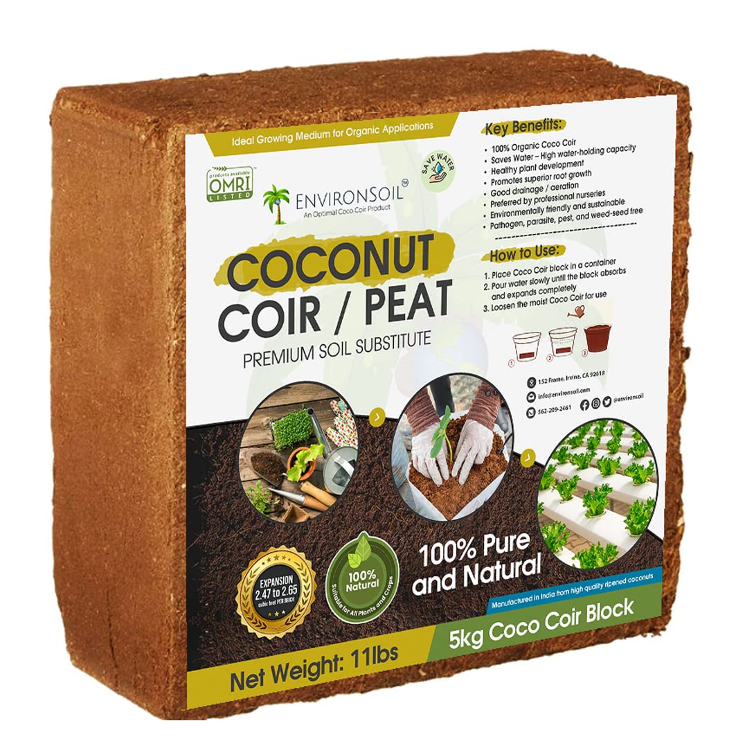 Coconut Coir, Coco Peat/Pith Block, OMRI Listed for Organic Use, Low EC and pH Balance - Universal Potting Soil for All Indoor and Outdoor Plants for Gardening (11lbs)