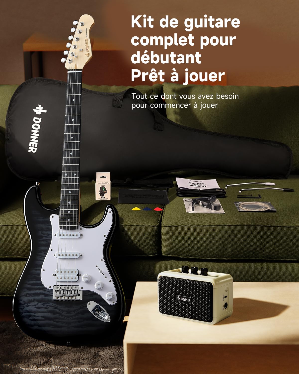 Donner DST-90 Guitare Électrique 39 Pouces, Kit Débutant Guitare Électrique avec Amplificateur, Micros HSS, Housse, Accordeur, Capodastre, Sangle, Cordes, Câble et Médiators, Black Burst