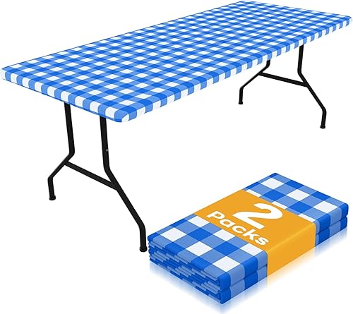 Miniatura 16 de Smiry - Juego de 2 manteles de picnic, manteles elásticos impermeables para mesas rectangulares de 6 pies, mantel de poliéster lavable de diseño