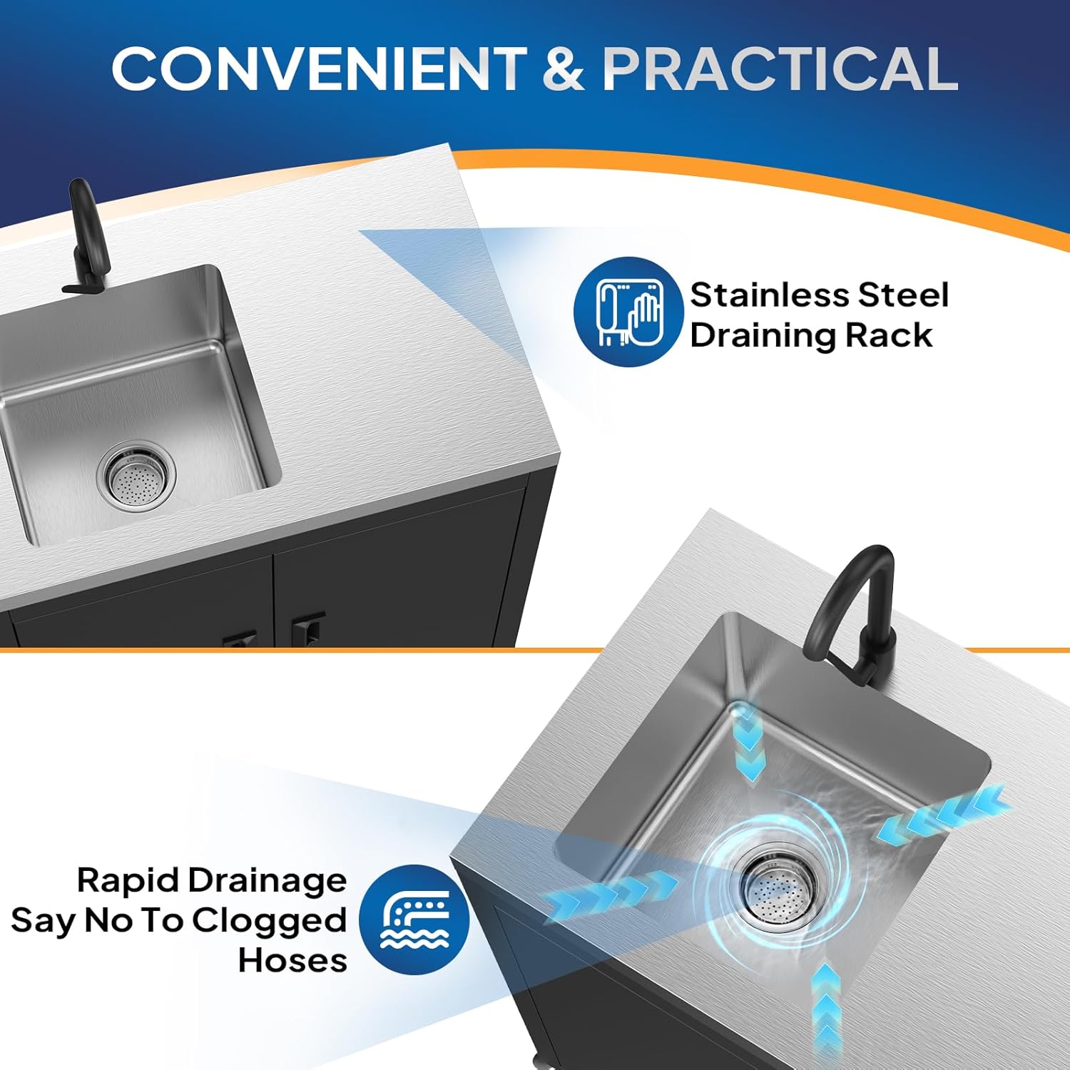 ROVSUN Stainless Steel Utility Sink with Cabinet & Wheels, Outdoor Heavy-Duty Freestanding Prep Grill Cart Sink for Backyard, Kitchen, Garage, Laundry, Garden Use 34.5" D x 19.6" W x 35.4" H