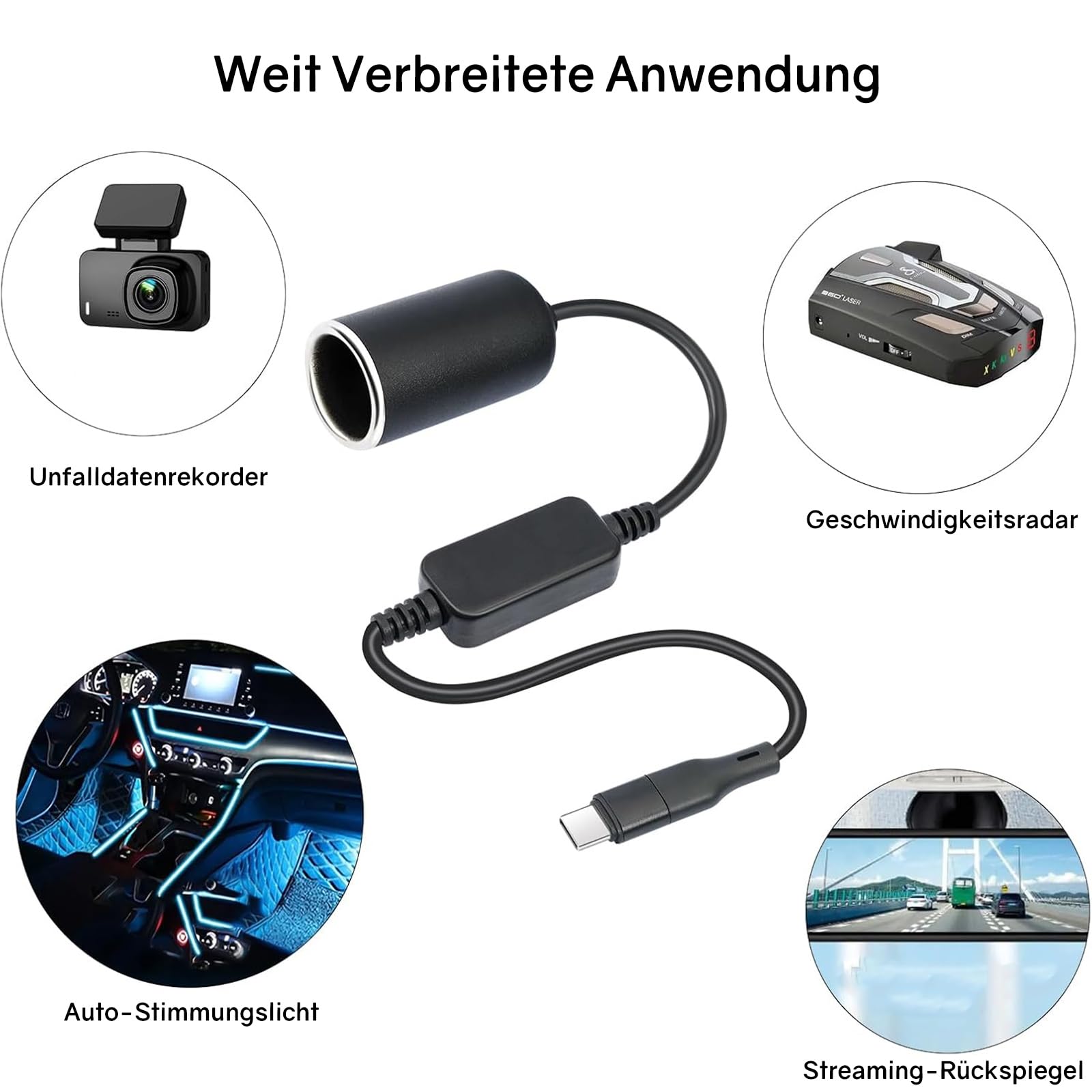 Powice Adapter USB C do gniazda zapalniczki samochodowej, 12 W, wtyczka USB C na 12 V, adapter do gniazda zapalniczki samochodowej, streamingu, lusterka wstecznego, kamery rozdzielczej, GPS, taśmy