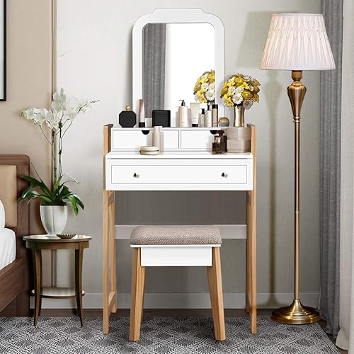 Miniatura 9 de CHARMAID Escritorio pequeño con espejo, escritorio de maquillaje blanco con 3 cajones, alturas ajustables, tocador compacto para dormitorio con