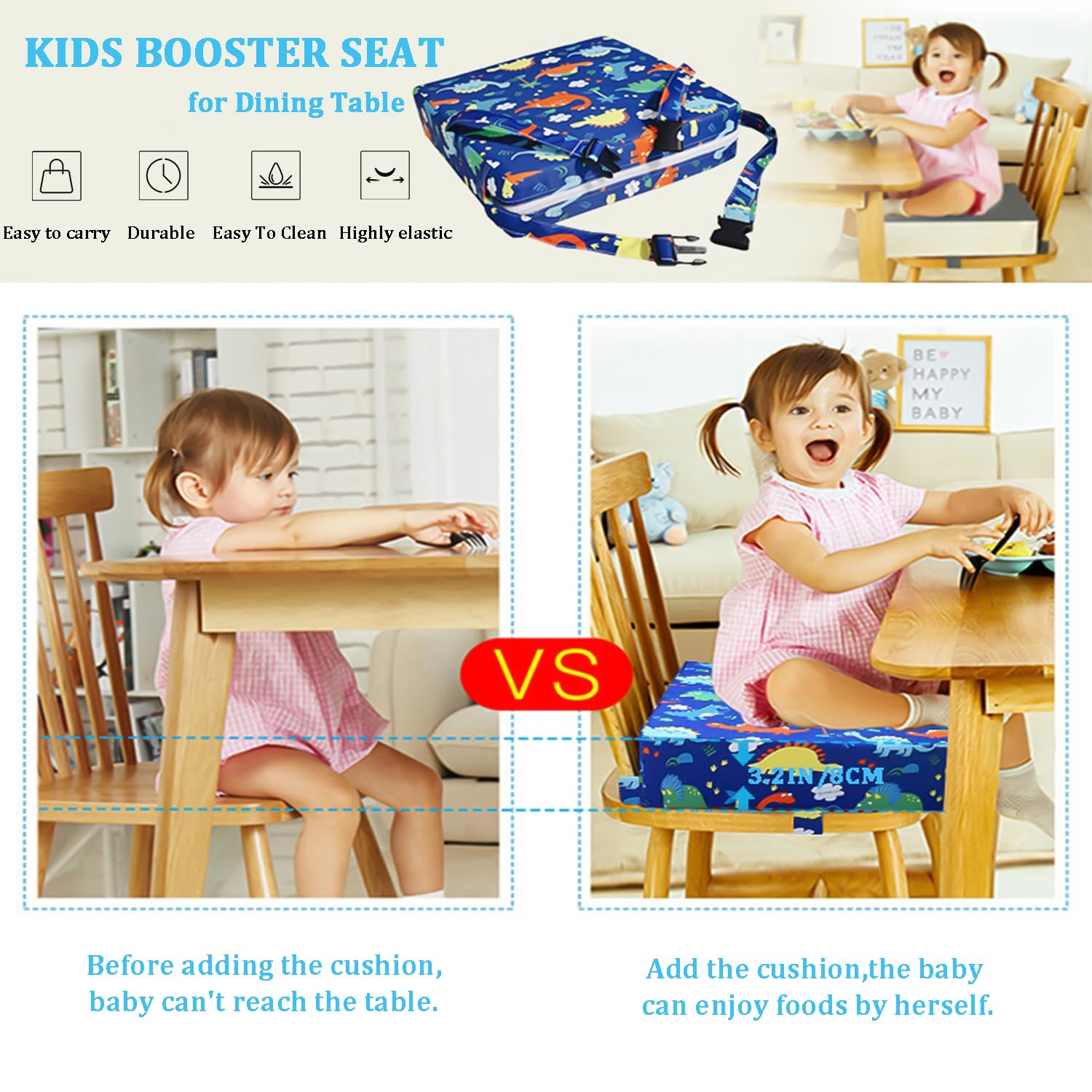 Asiento elevador para silla de comedor, desmontable, lavable, cojín creciente con 2 correas ajustables, hebilla de seguridad, parte inferior antideslizante, almohadillas para sillas de comedor de