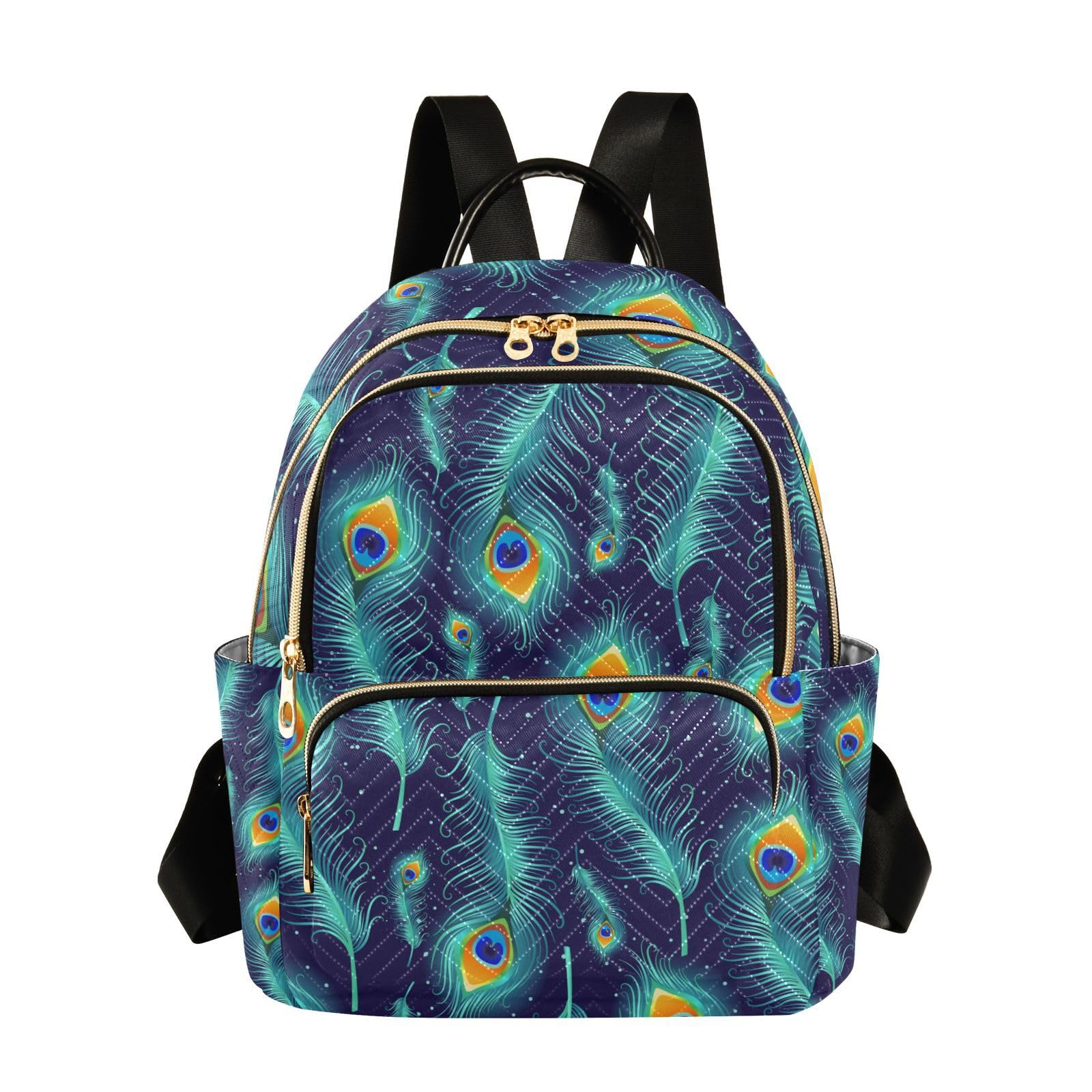 Yasala Women Backpack Blue Gold Grace Peacock Feather Anti-Theft Travel Backpack with Luggage Belt Lightweight Handbag Lady Purse Roomy Double Zipper Weekend Bag for Everyday Use