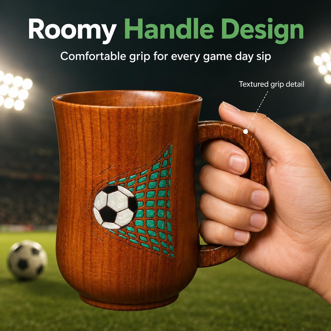 Soccer Wooden Beer Mug 17 oz, Solid Wood Beer Stein with Roomy Textured Handle, Painted Design and Gift Box, Soccer Gifts for Men, Game Day Mug for Watch Parties and Home Bar