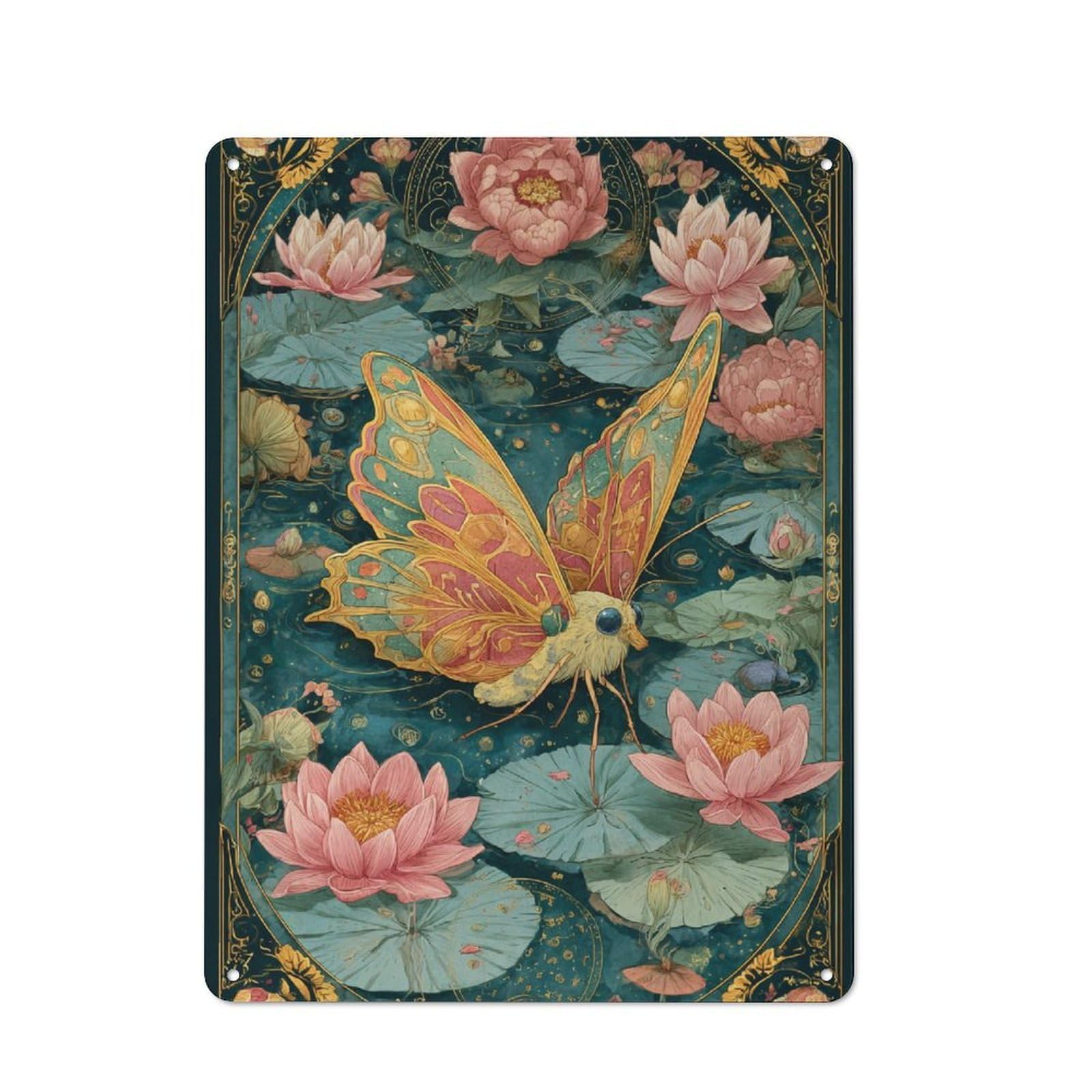 Junmoney Enchanted Lotus & Butterfly Printed Metal Sign 40X30cm For Kitchen Or Home Bar, Housewarming Present For People Styling Kitchen And Home Bar