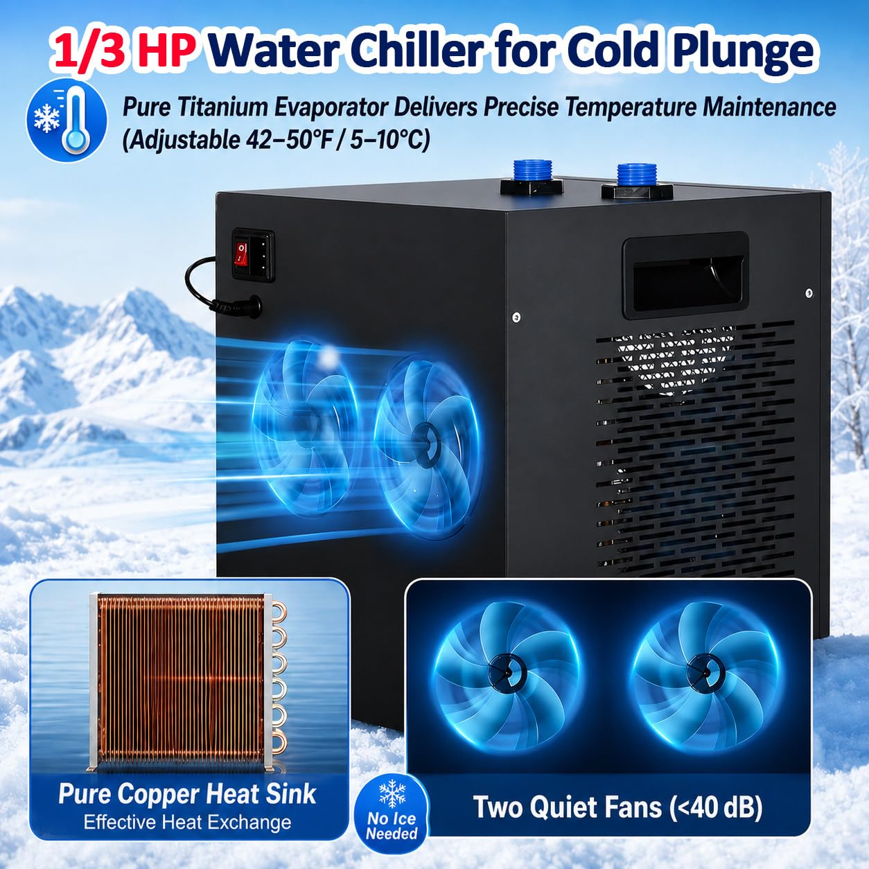 Refrigeratore 1/3 HP per Bagno Freddo con Pompa e Telecomando | Filtro Esterno e Materiale Filtrante per Configurazioni di Bagno Freddo Domestiche e Professionali.