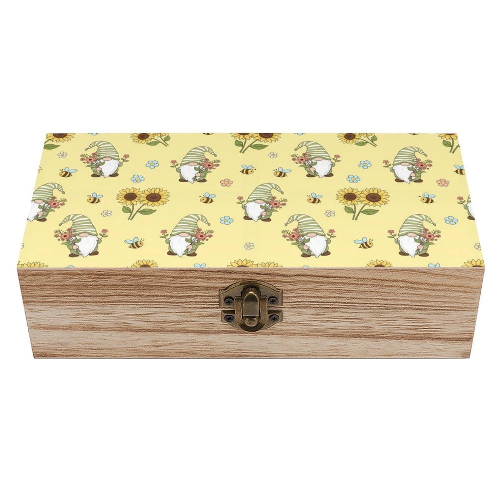 HLBSDM Wooden Box with Hinged Lid and Front Clasp Honey Bees Cute Gnome Sunflower Floral Keepsake Storage Box, Wooden Decorative Box Jewelry Organizer Gift Box for Birthday