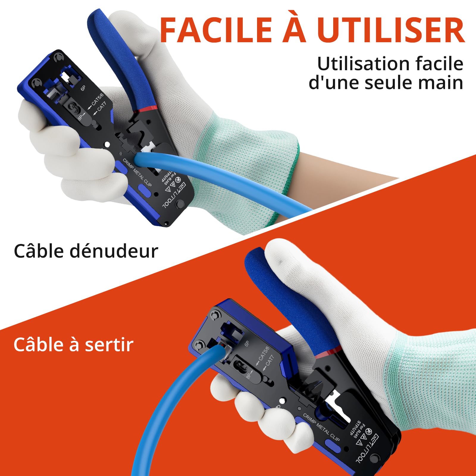 GETLITOOL Kit D'Outils de Sertissage RJ45 Pince à Sertir pour Réseau Ethernet,avec 60 Connecteurs Traversants RJ45/Cat5/Cat6/Cat6a/Cat7,60 Couvercles de Protection,Réseau Domestique DIY Bleu
