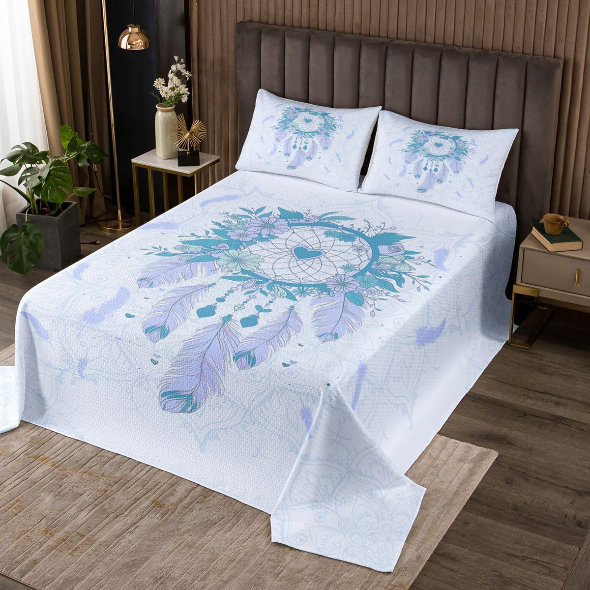 Traumfanger Tagesdecke 2 Kissenschalen Träumige Feder Exotische Blume Herz Dekor Coverlet M Größe für Teens Erwachsene Romantischer Stil Lila Blau Bettwäsche Quilted für Schlafzimmer