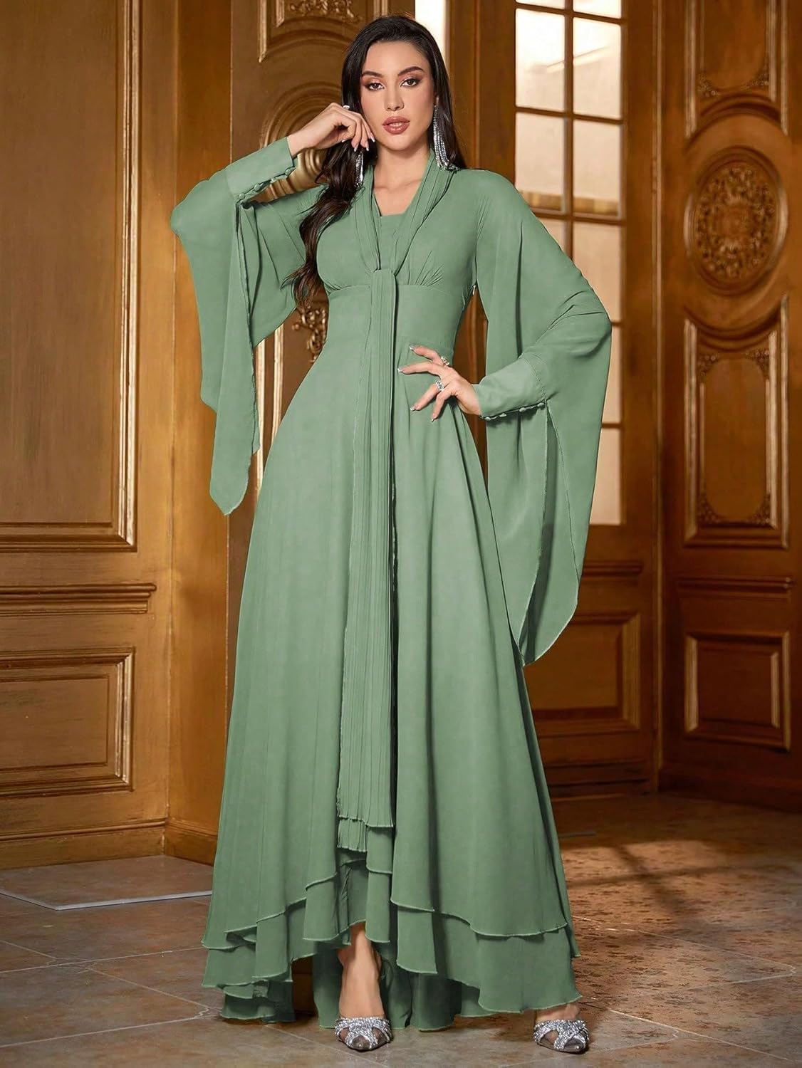 TOLEEN Casual Dresses for Women Long Sleeve Flowy Swing Chiffon Maxi Dresses Green - Image 5