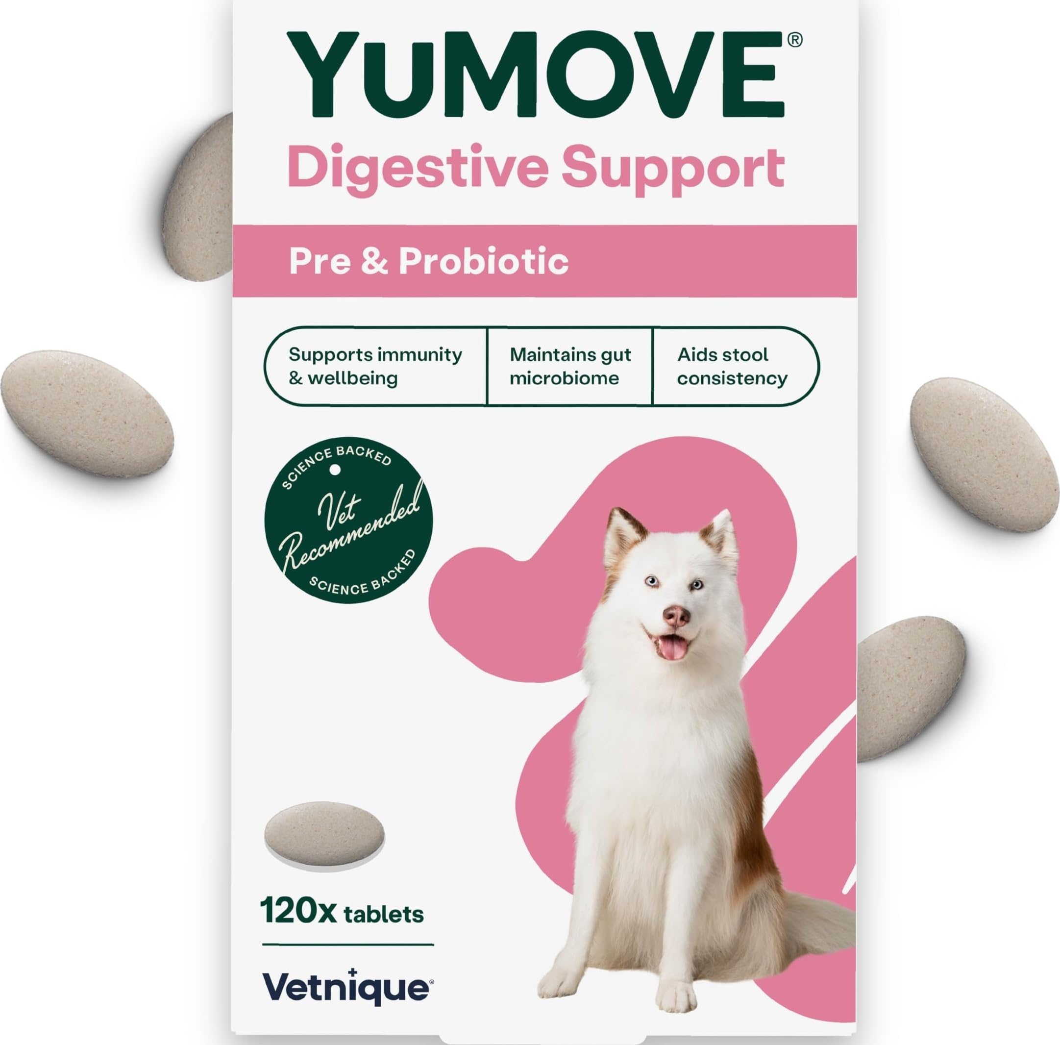 YuMOVE Digestive Care, Dog Pre and Probiotics Supplement for Gut Health and Digestive Support, All Ages and Breeds with Sensitive Digestion, 120 Tablets