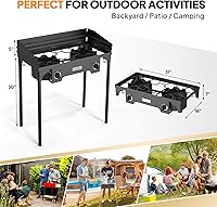 Vista 6 de ROVSUN Estufa de camping al aire libre de 2 quemadores con panel de viento, quemador de propano de 150,000 BTU, cocina de gas con patas desmontables