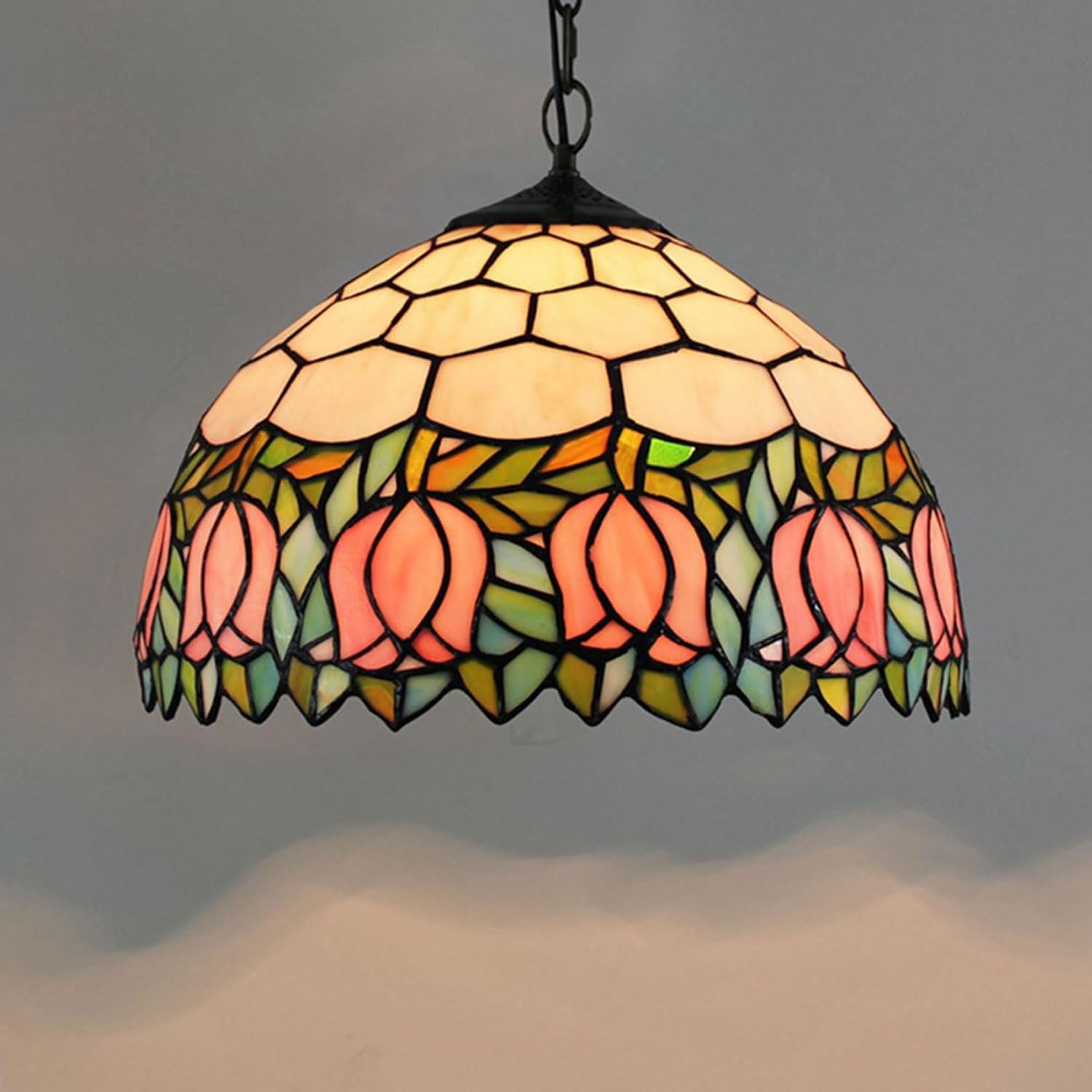 12 Inch Tiffany Lamp Shade Replacement, Only Stained Glass Lamp Chimney, Tulip Flower Design, for Table Lamp, Pendant Light, Floor Lamp, Ceiling Fixtures,Pink