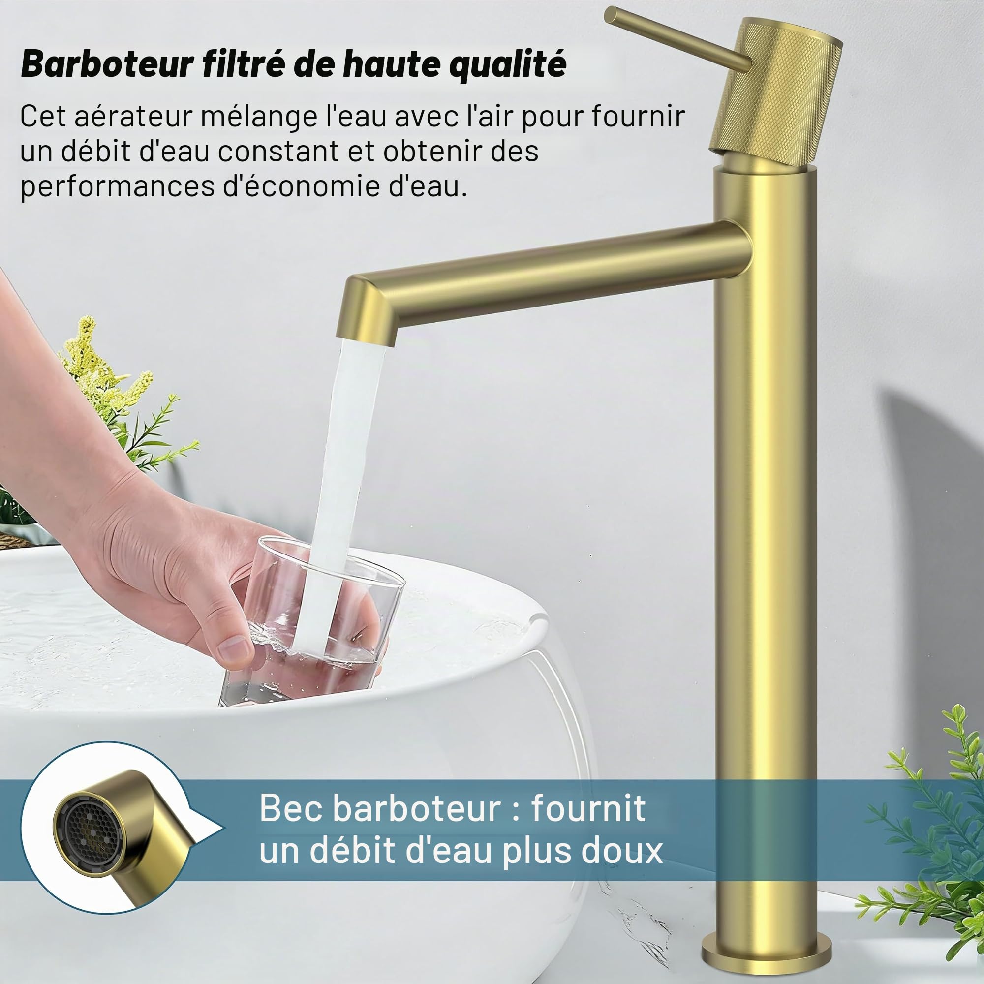 Krobec Mitigeur Lavabo Haut, Robinet Salle Bain, Mitigeur pour Vasque a Poser, Robinet de Lavabo Haut Salle de Bains en Acier Inoxydable, Hauteur de Bec de 250mm,Or brossé.