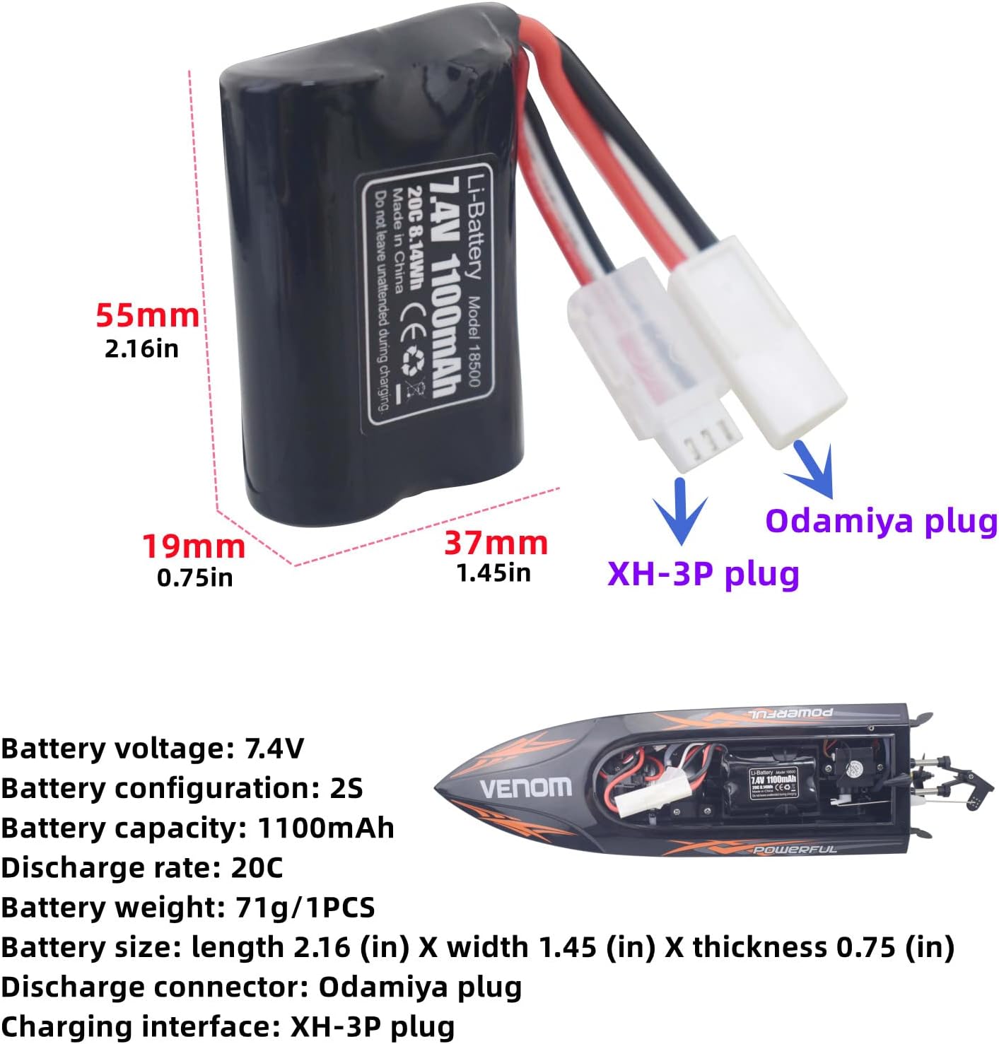 sea jump Accessories 2PCS 1100mAh Lithium Battery with 2in1 Charger for UDI008 UDI020 UDI901 UDI001 High Speed RC Boat Outdoor Water Electric RC Toy Rowing Spare Battery