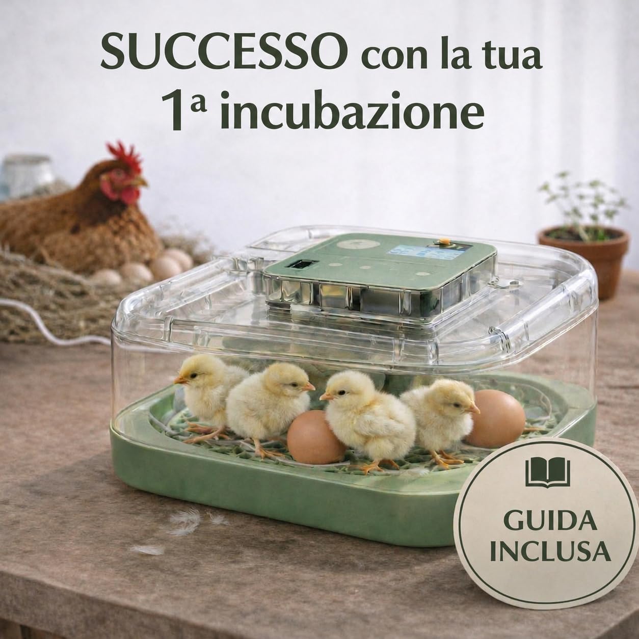 Egg&Co Start 12 – Incubatrice automatica 12 uova gallina (36 quaglia). Controllo umidità preciso, rotazione automatica, flacone e sperauova inclusi. Ideale per principianti ed esperti.