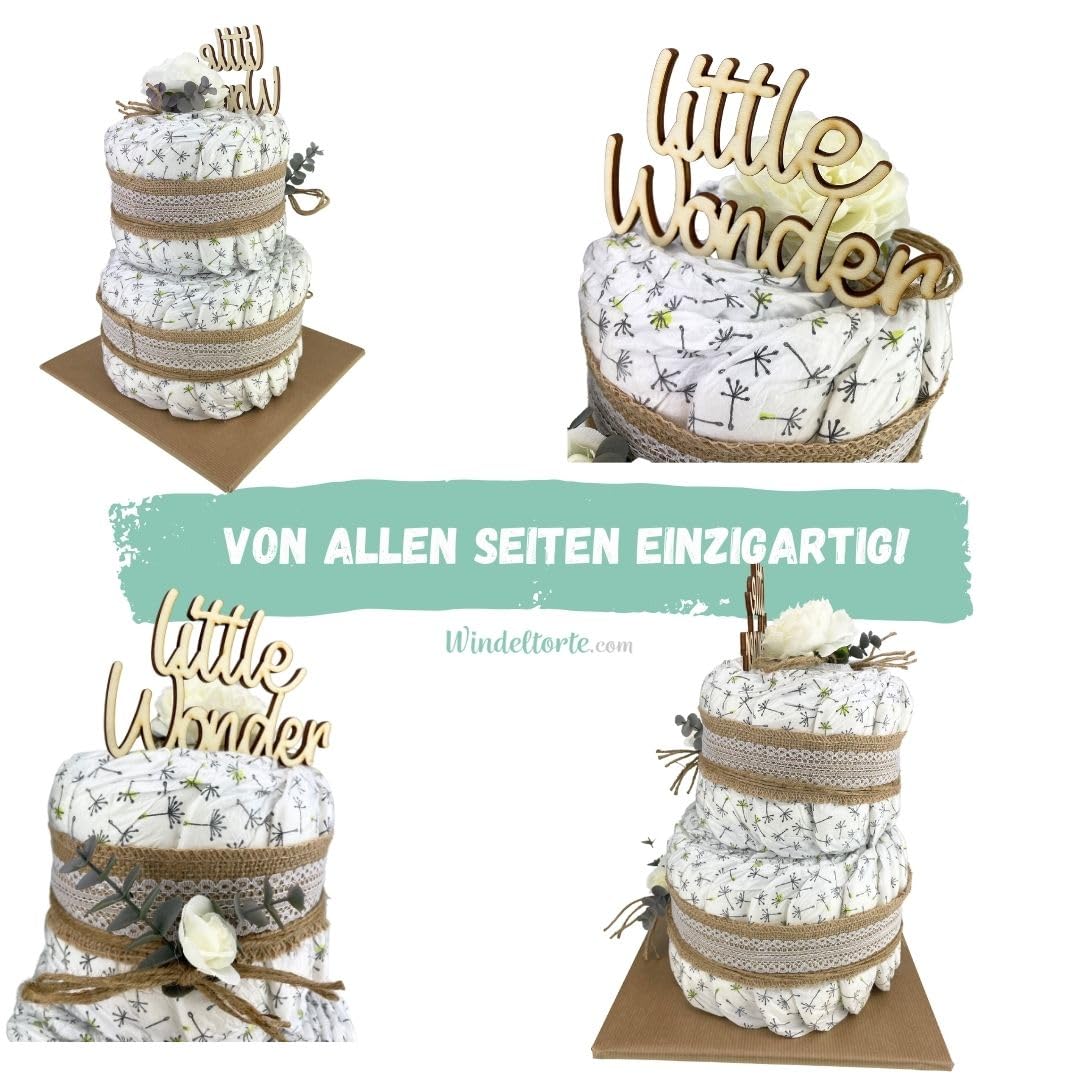 Vintage Torte [JUTE & HOLZ] - Jungen & Mädchen - Neutral Unisex - Geschenk zur Geburt - Baby Party - Babyshower - Pullerparty - Caketopper (Boho - Vintage - LITTLE WONDER) 2-stöckig
