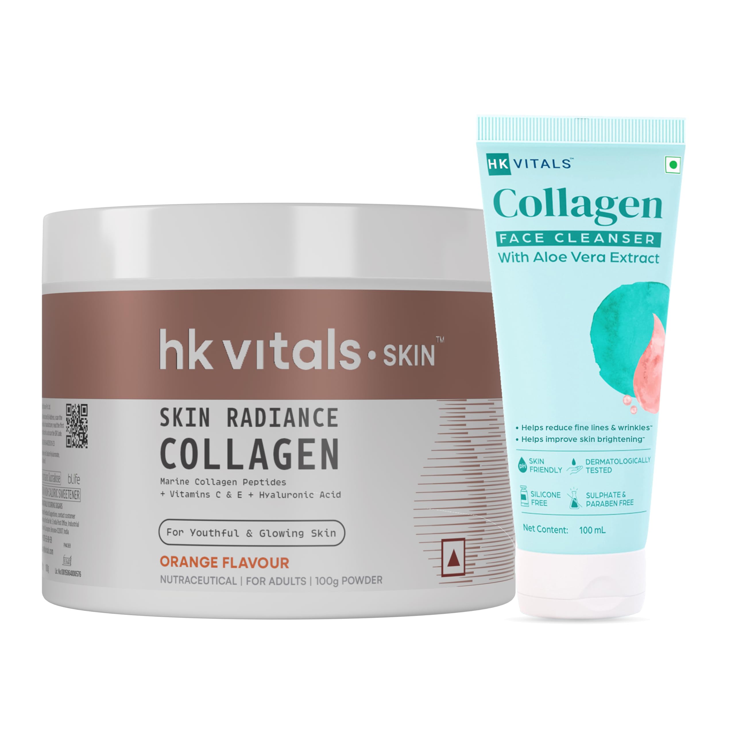 HealthKart HK Vitals Skin Radiance Collagen Powder with Biotin, Marine Collagen (Orange, 100 g) with Collagen Face Cleanser with Aloe Vera Extract, All Skin Types, 100 ml