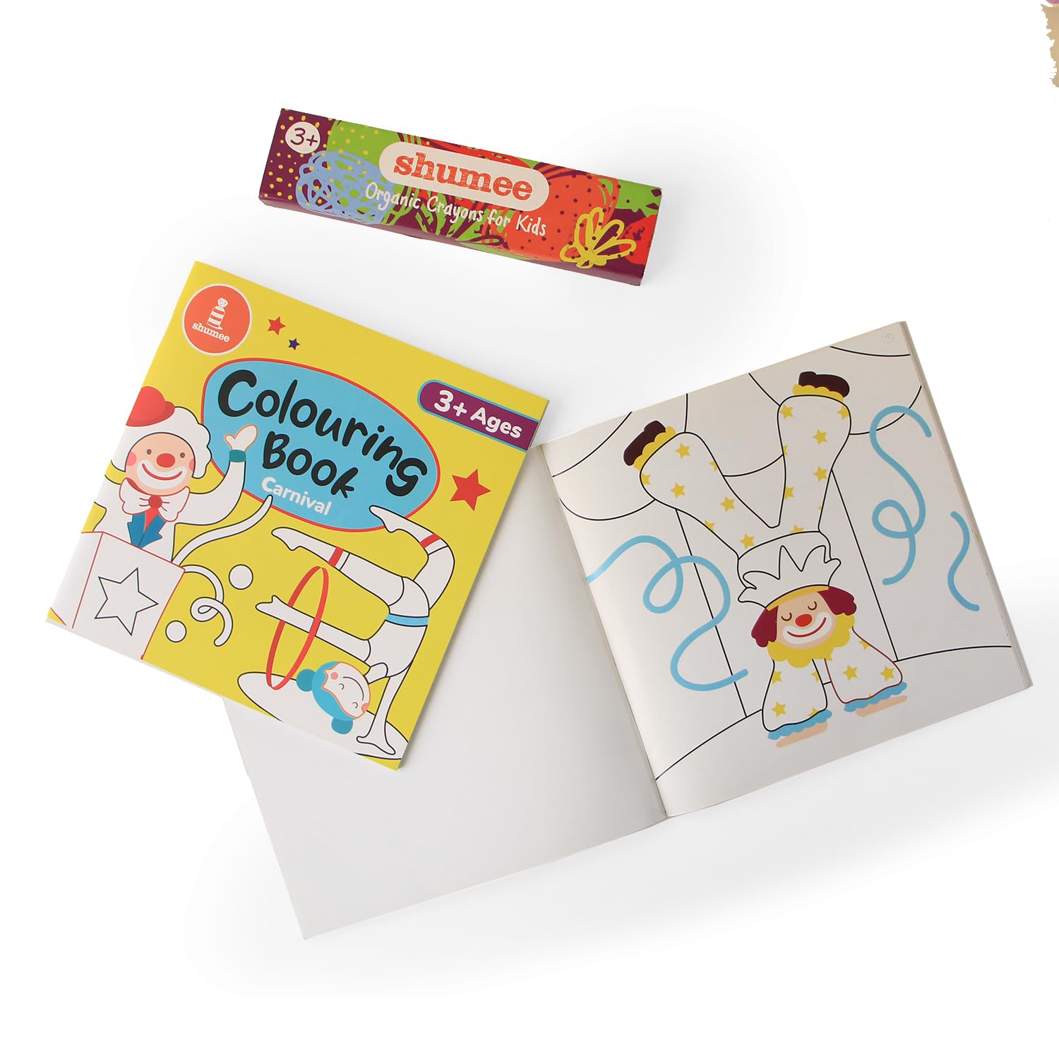 shumee Colouring Book & Organic Crayon Kit- Carnival Themed (3 Years+) | 20 Pages & 6 Crayons | Organic & Natural Colours | Skill Building Art & Craft DIY Set For Kids