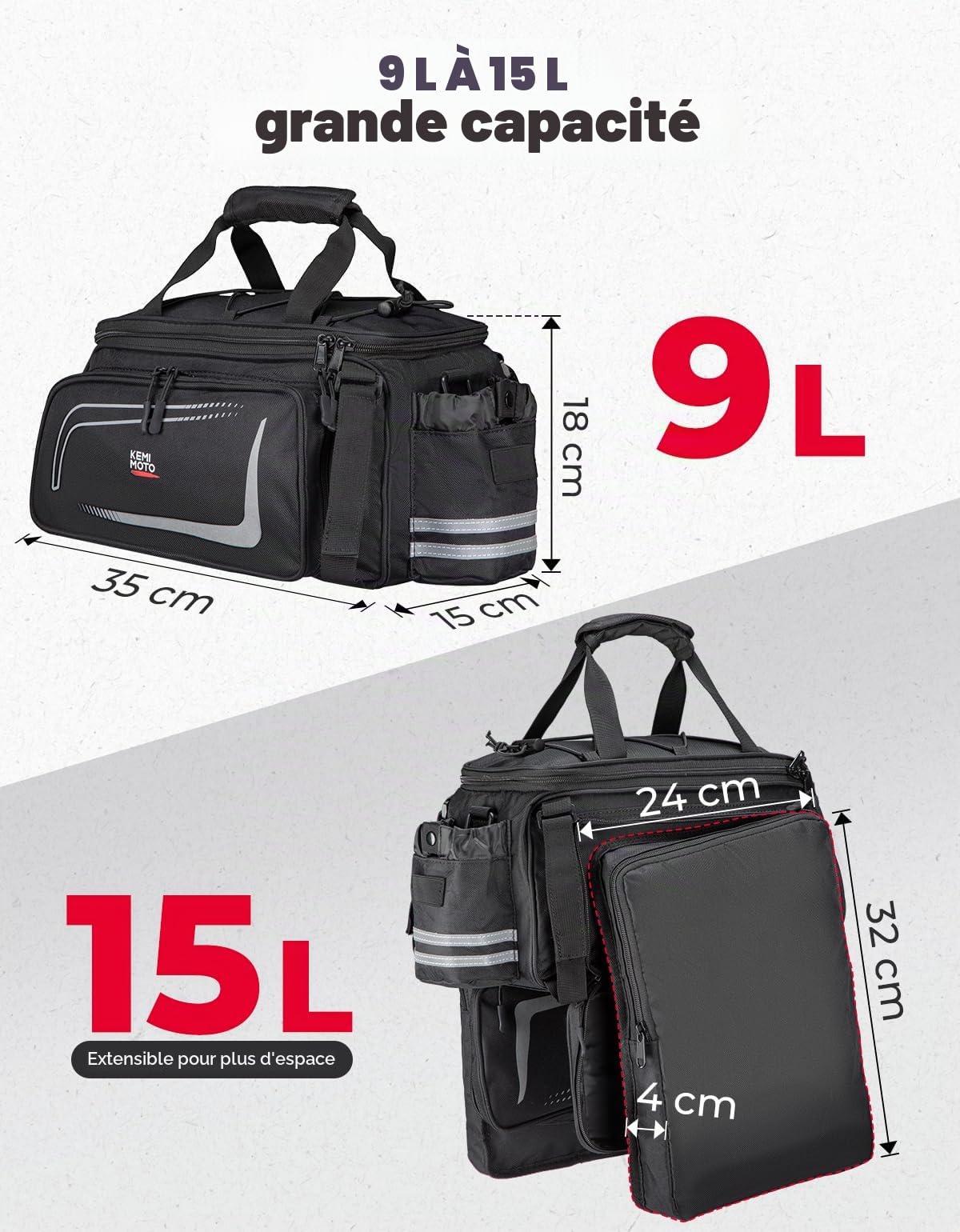 KEMIMOTO Sacoche Vélo Porte Bagage Arriere, 9 à 15L Sacoches Vélo 2 en 1 Grande Capacité avec Housse Imperméable, Sac Velo de Rangement Arrière pour Cyclisme VTT Voyage Sport