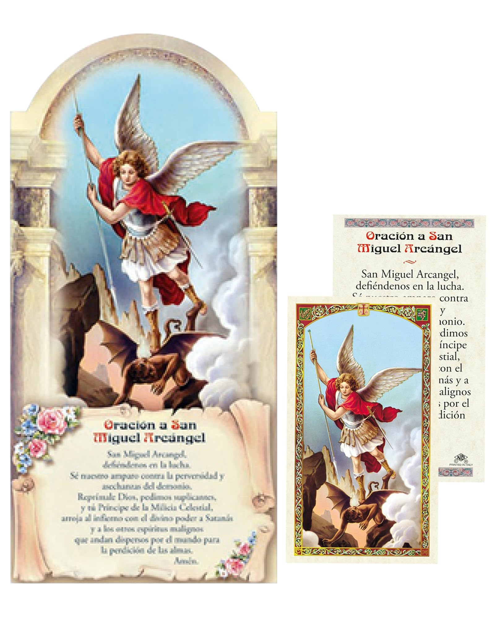 Trendzeen San Miguel Arcangel Cuadro - Spanish Archangel Michael Plaque, Laminated St Michael The Archangel Prayer Card - Oracion San Miguel Arcangel For Home Decor - 2 Items